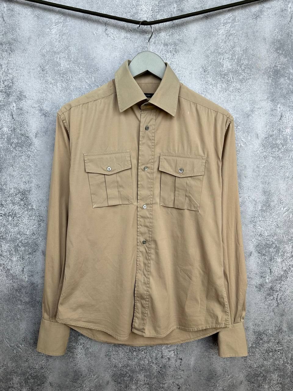 Gucci Bee Accent Dress Shirt Safari Sand Flap Pockets LS