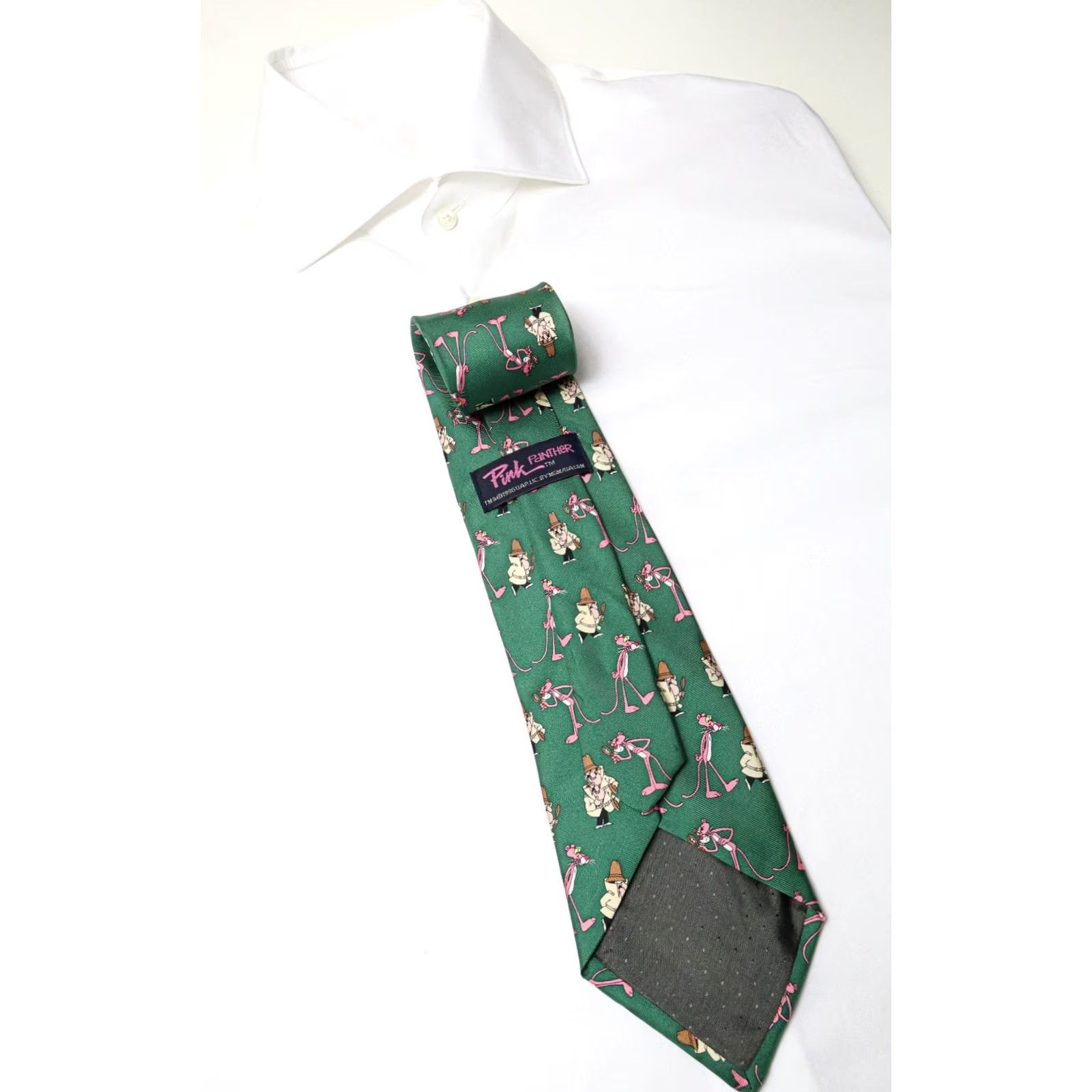 Pinko PINK PANTHER Vintage Tie Men's One Size Green Patterned Pointed Pure Silk Size US 35 - 2 Thumbnail