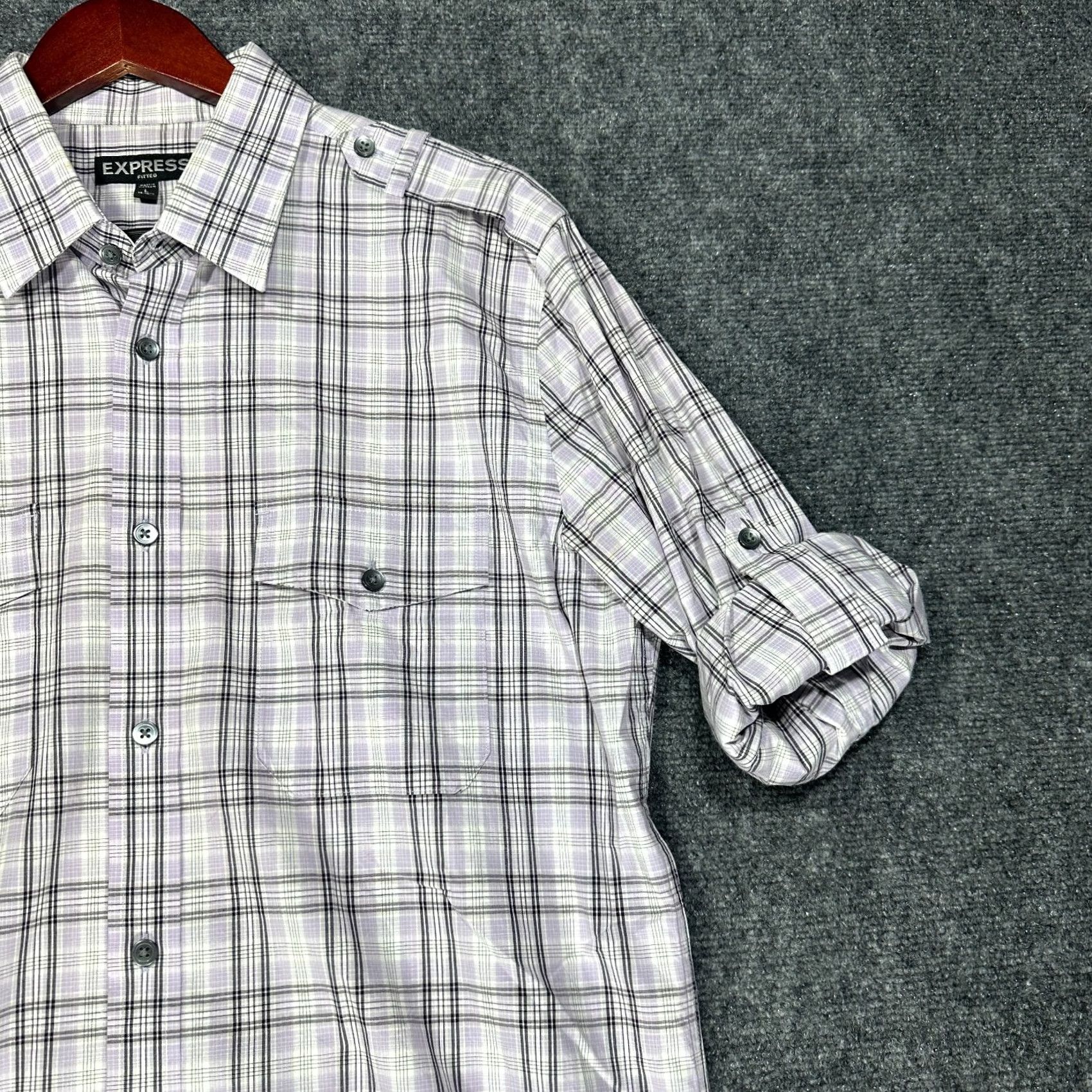 Express Express Shirt Mens Large Fitted Button Up Purple Stretch Plaid Roll Tab Sleeve Size US L / EU 52-54 / 3 - 3 Thumbnail