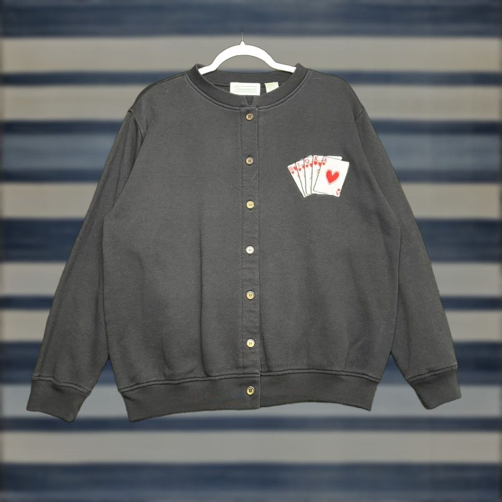 Vintage Shenanigans Cardigan Mens Medium Black Playing Cards Embroidered Poker Size US M / EU 48-50 / 2 - 1 Thumbnail