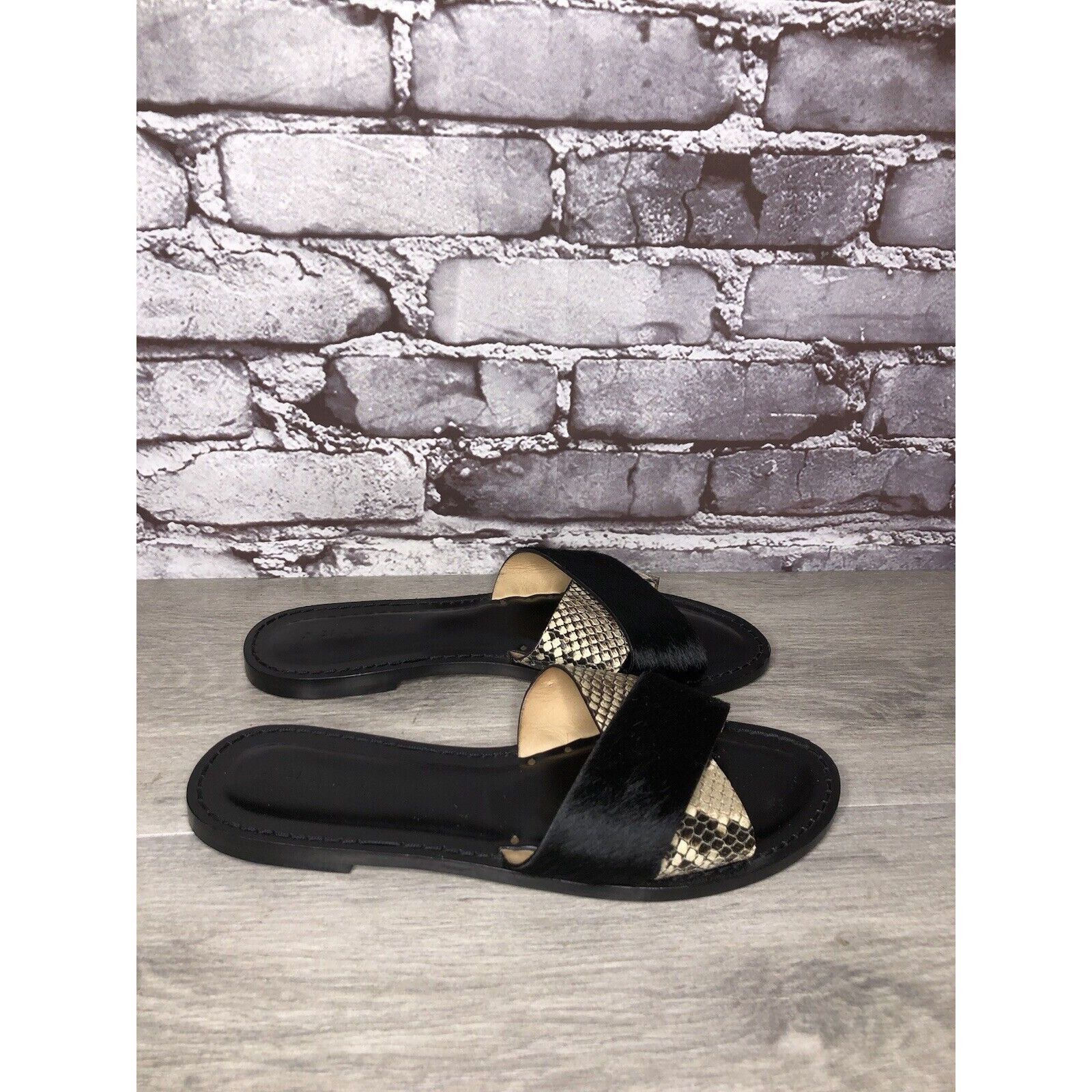 Other Amanu Black Calf Hair Leather Python Cross Strap Slides Sand Size US 9 / IT 39 - 15 Thumbnail