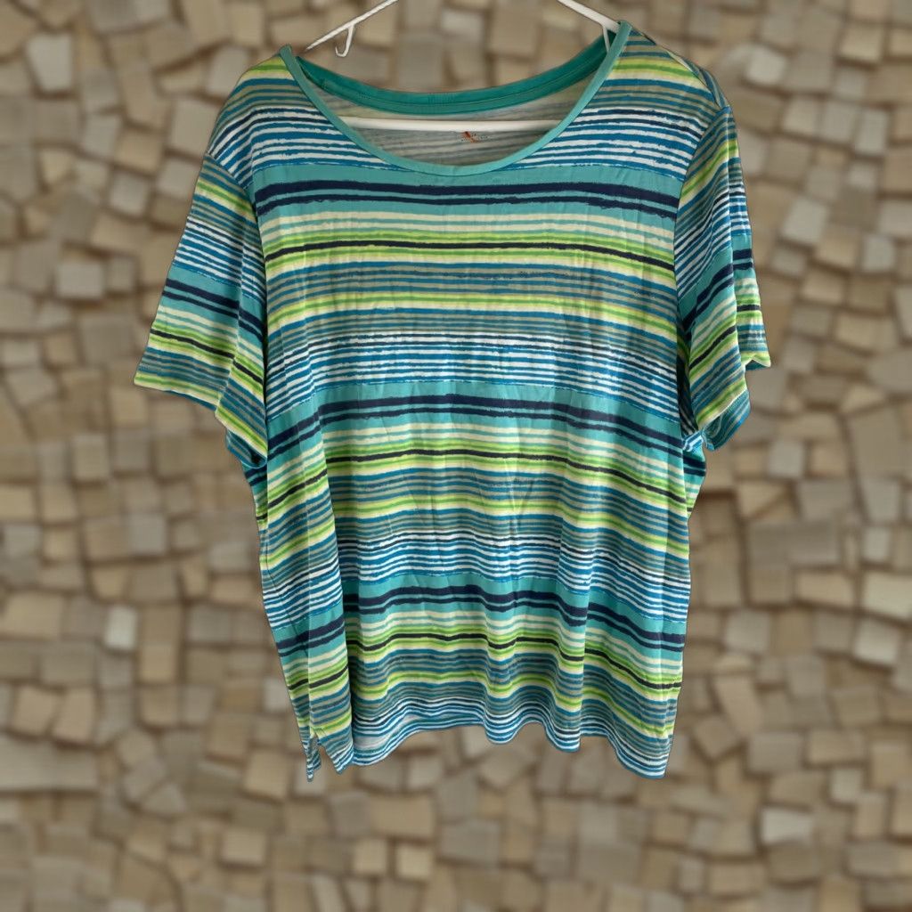 Vintage Studio Works T-Shirt Women's Size 2XL Green Blue Striped Short Sleeve Boat Neck Size XXL / US 16-18 / IT 52-54 - 1 Thumbnail