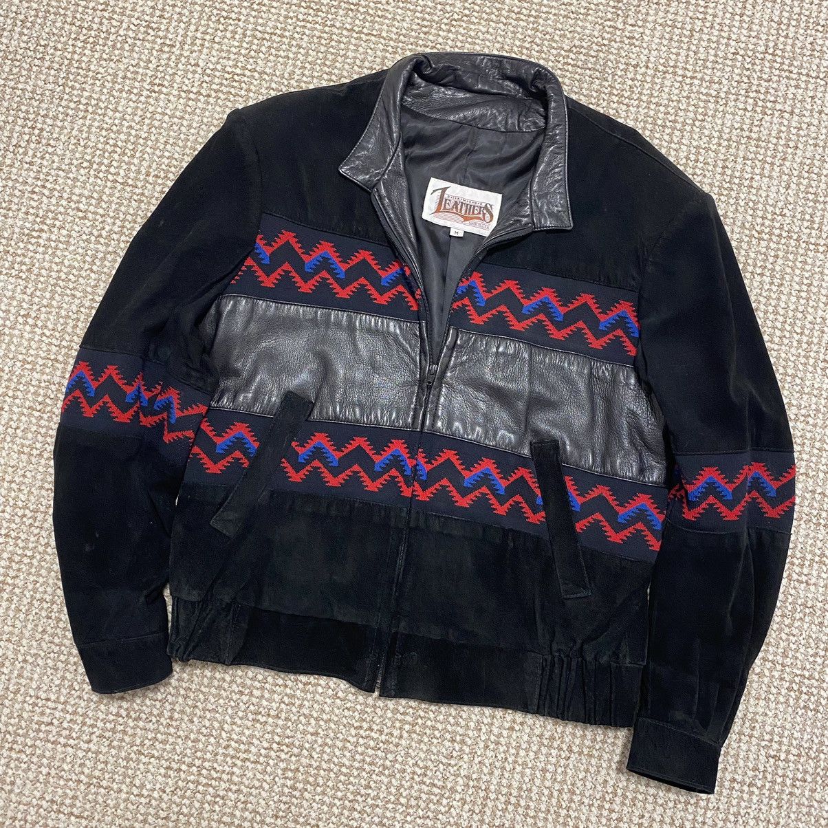 image of Avant Garde x Leather Jacket Vintage Diamond Printed Suede Zip Up Leather Jacket in Black (Size Med