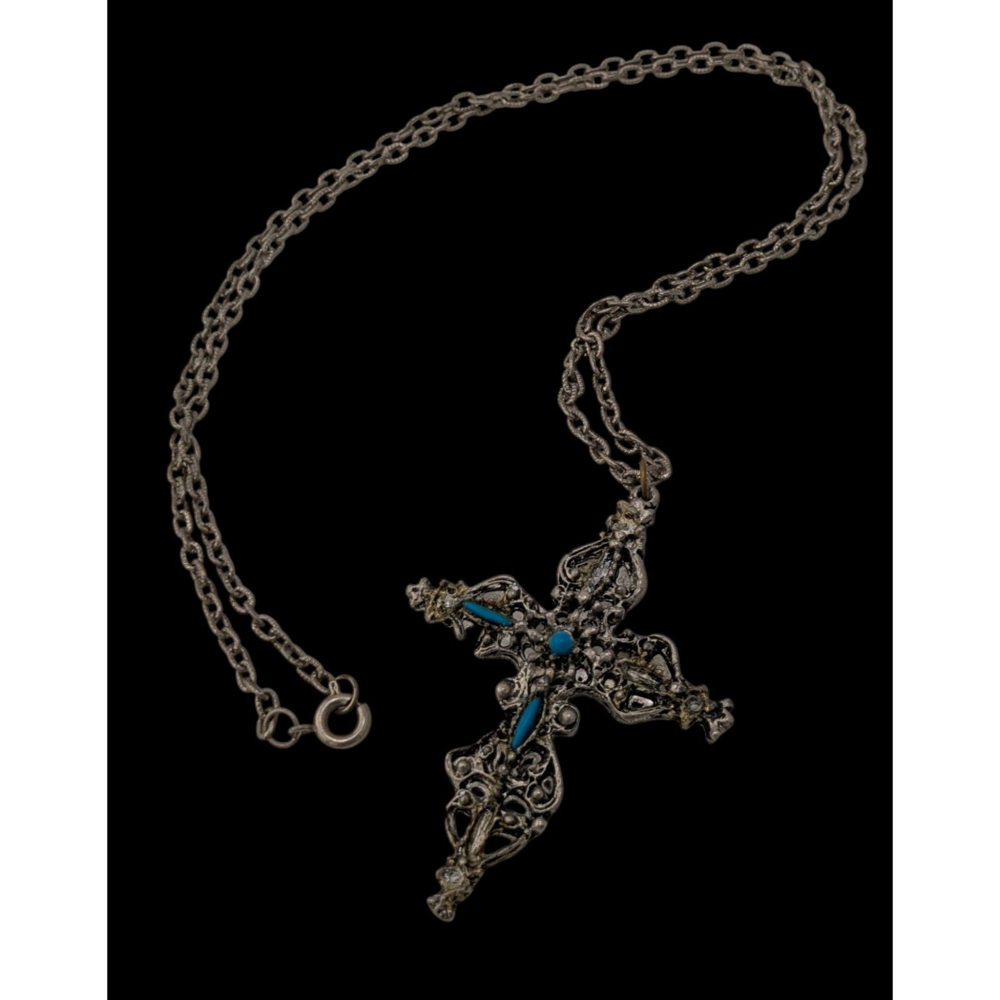 Other Vintage Gothic Ornate Silver Tone Cross Necklace With Blue S Size ONE SIZE - 1 Thumbnail