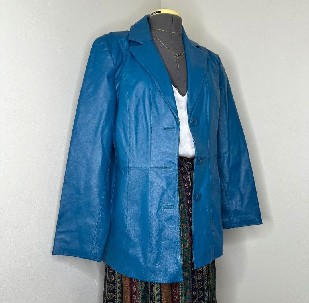 Worthington Women's Blue Genuine Leather Jacket Size L / US 10 / IT 46 - 3 Thumbnail
