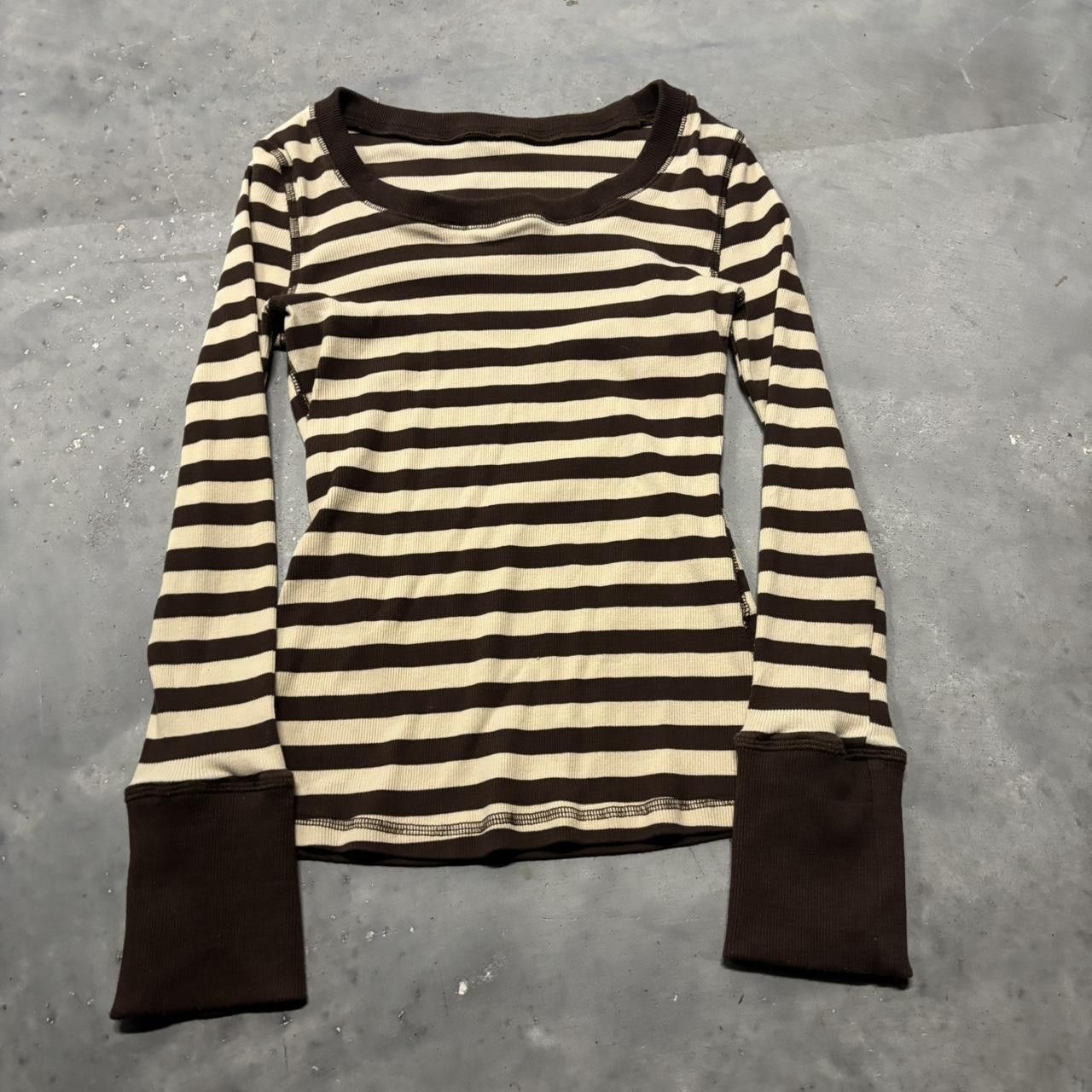 Japanese Brand × Vintage Vintage Y2K/2000s Cute Brown Striped Longsleeve Shirt! Size XS / US 0-2 / IT 36-38 - 1 Thumbnail