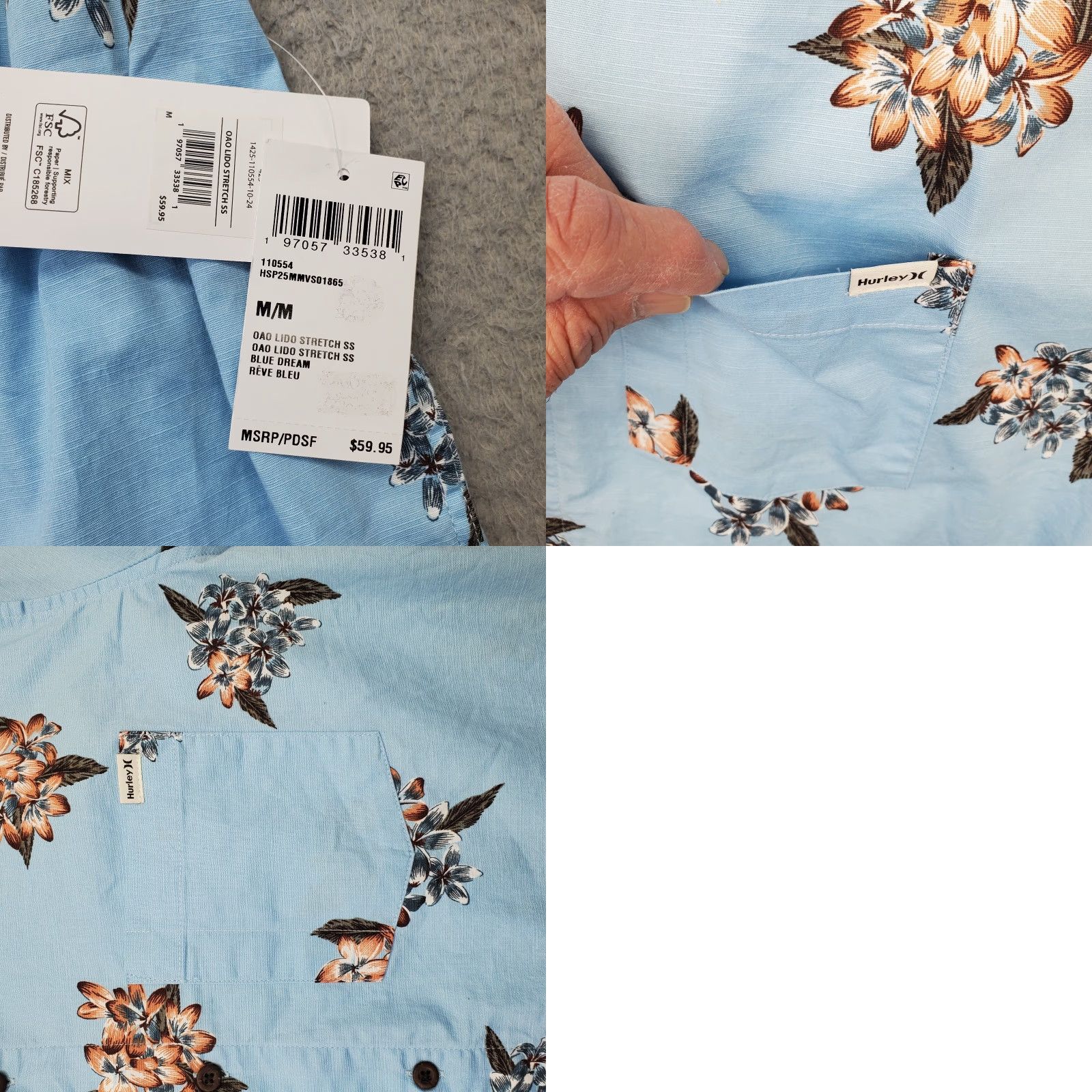 Hurley Hurley Shirt Men M Blue Floral OAO Lido Stretch Classic Button Up HSP25MMVS01865 Size US M / EU 48-50 / 2 - 8 Thumbnail