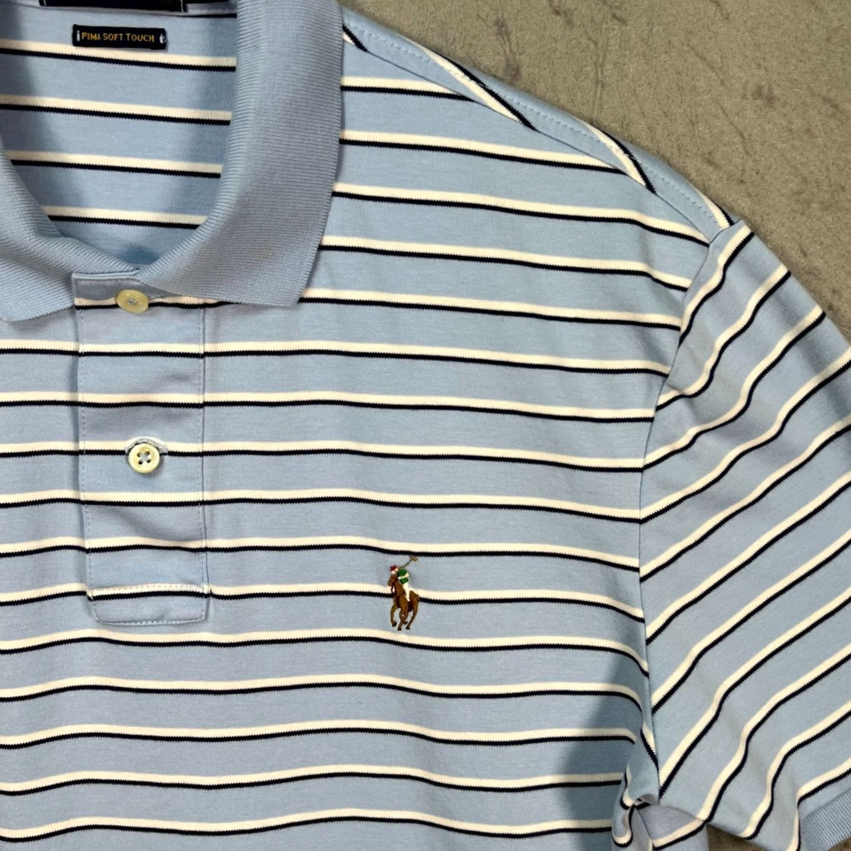 Polo Ralph Lauren Polo Ralph Lauren Polo Shirt Mens Medium Blue & White Striped Pima Soft Touch Cotton Short Sleeve Crewneck Polo Shirt Size US M / EU 48-50 / 2 - 6 Thumbnail