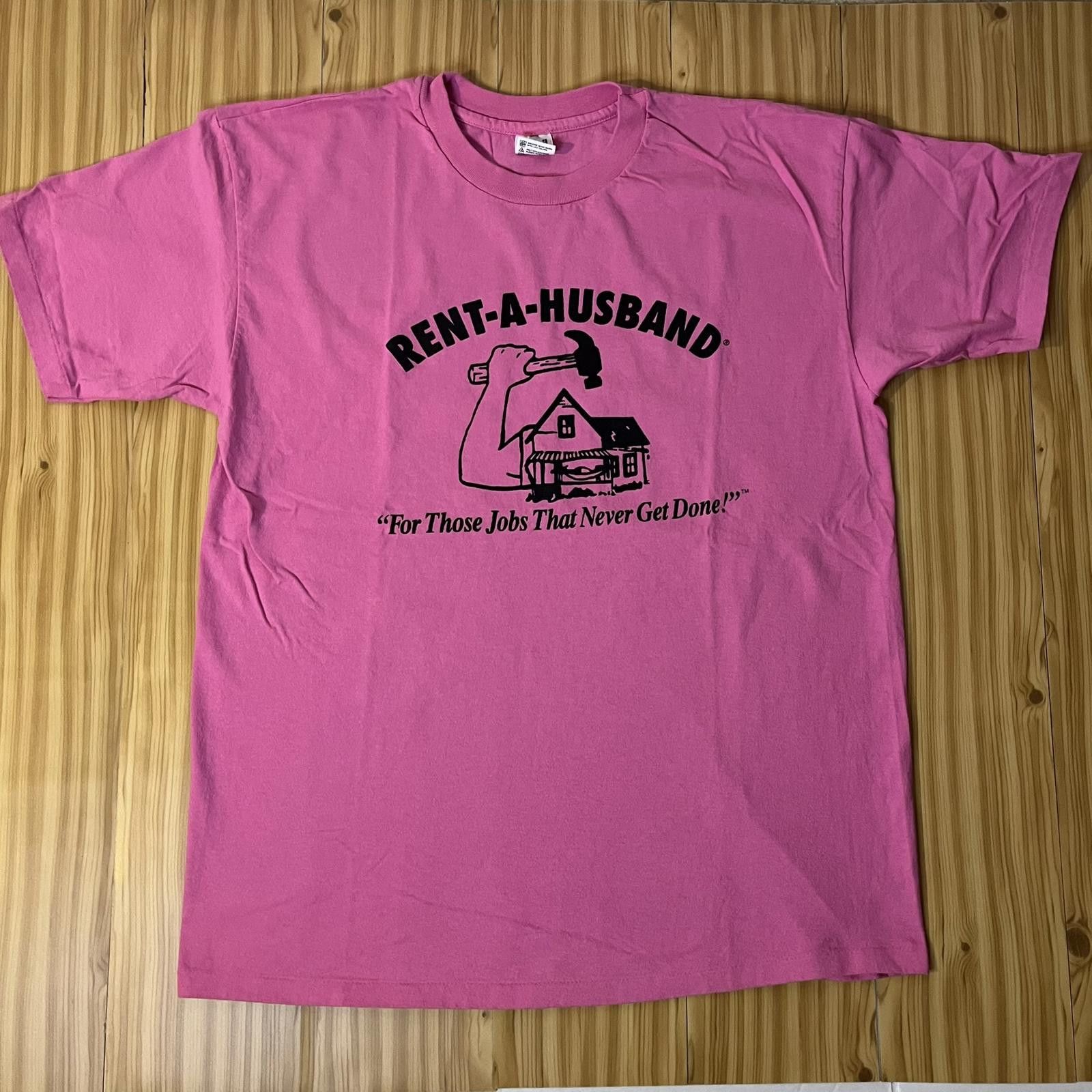 Anvil VTG Early 90s Rent-A-Husband Bright Pink Funny Novelty Tee Size XL / US 12-14 / IT 48-50 - 1 Thumbnail