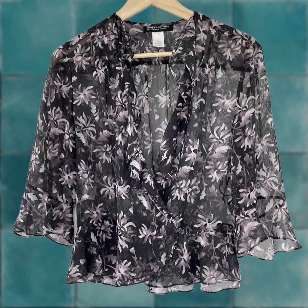 Jones New York Jones New York Cardigan Women 12P Sheer Floral Purple Black 100% Silk Button Front 3/4 Sleeve Size XL / US 12-14 / IT 48-50 - 1 Thumbnail