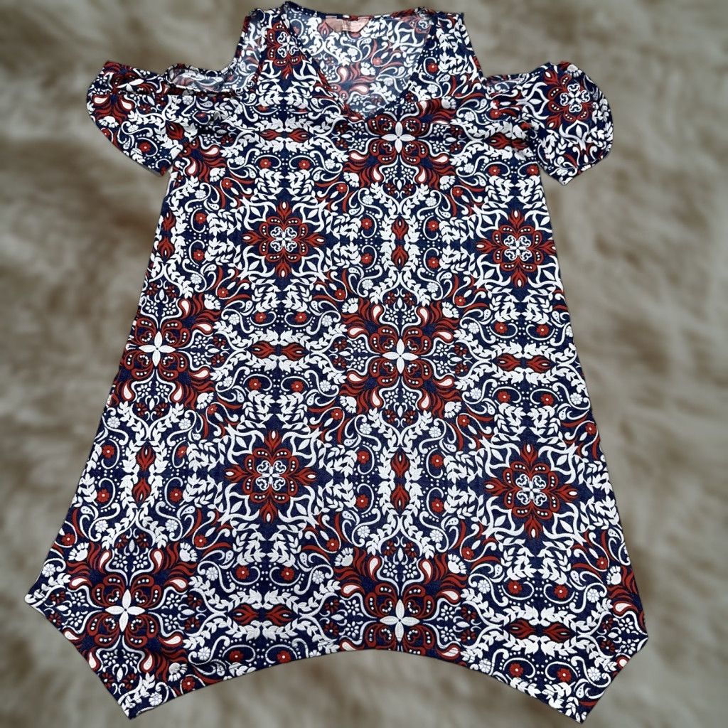 Vintage SJS Red White Blue Mosaic Print Asymmetric Trapeze Mini Dress Open Shoulder Sz S Womens Dress Size S / US 4 / IT 40 - 1 Thumbnail