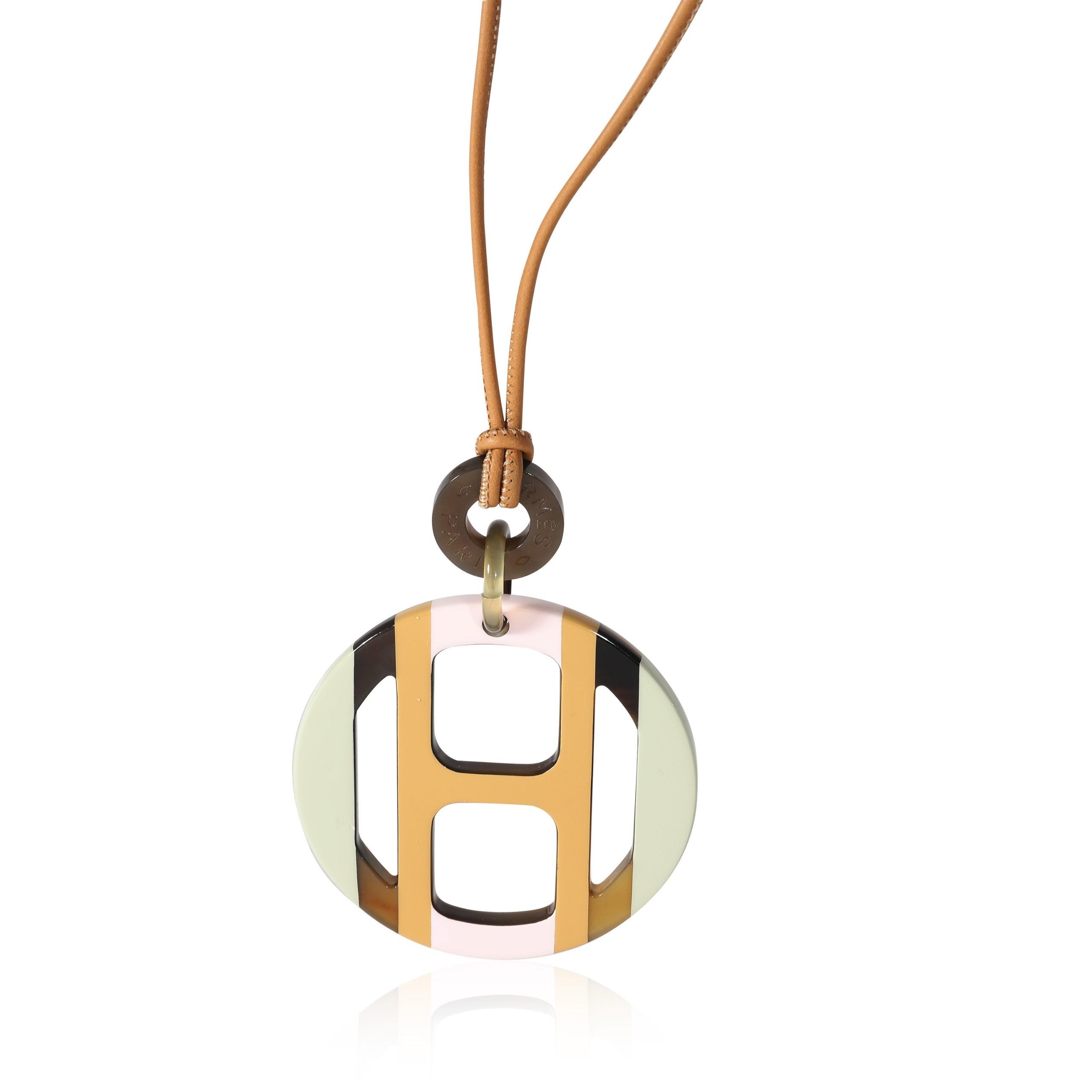 image of Hermes H Equipe Lacquered Horn Pendant On Leather Cord in Silver, Women's