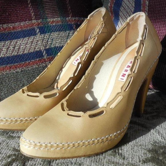 Marni MARNI Cutout Leather Pumps Nude Pointed Toe Platform Heels S Size US 5 / IT 35 - 10 Thumbnail