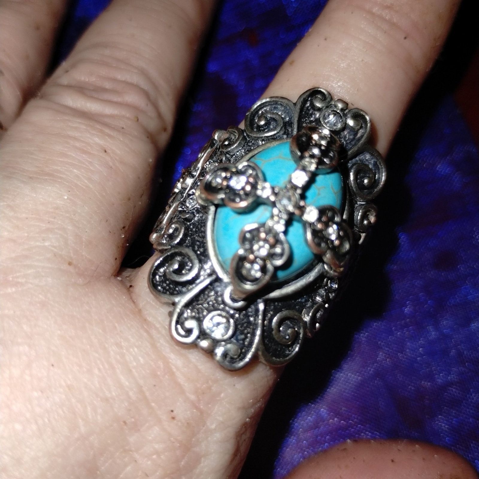 Vintage Gorgeous vintage stretch turquoise silver cross ring Size ONE SIZE - 1 Preview