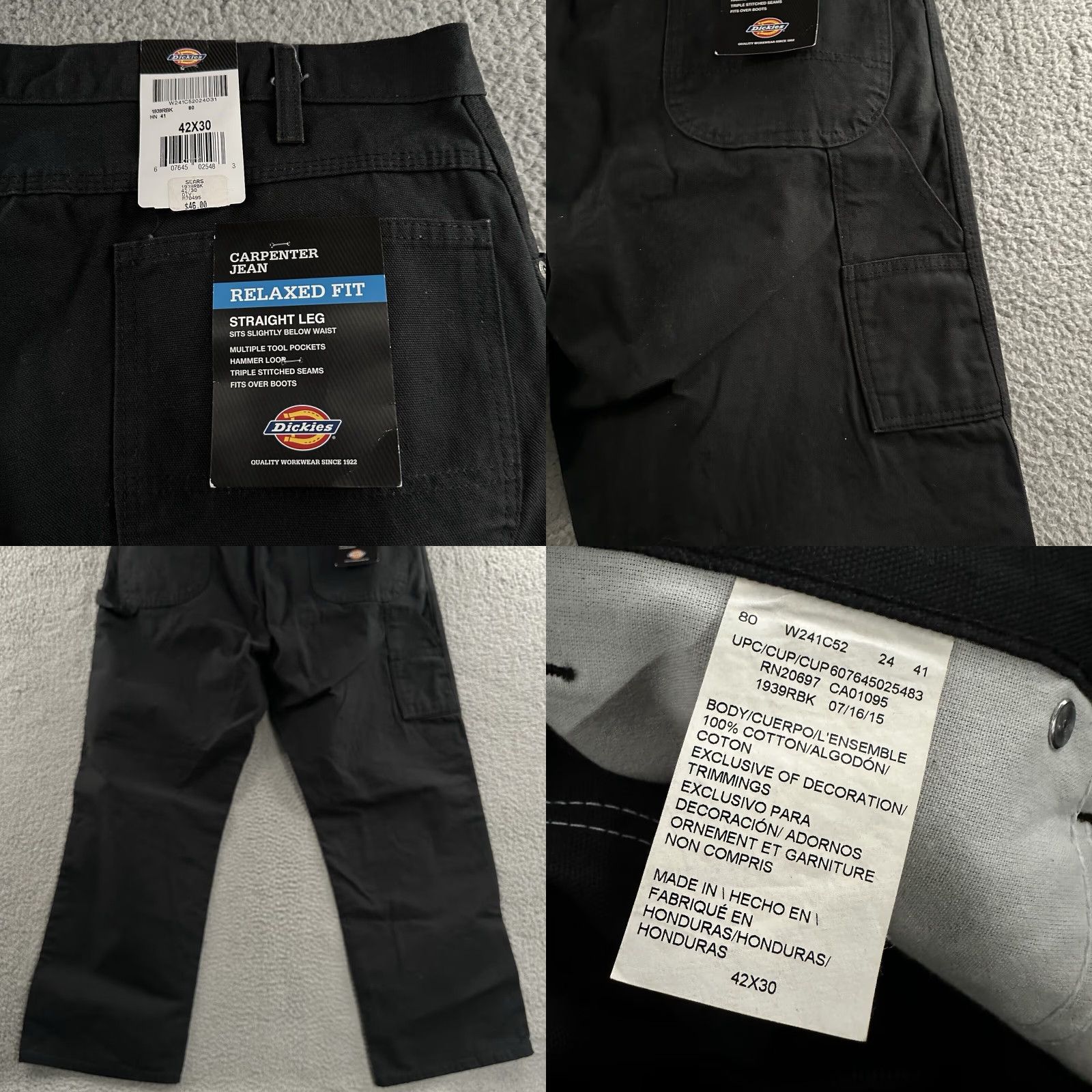 Dickies Dickies Jeans Mens Black 42x30 Carpenter Relaxed Fit Canvas Cotton Workwear Straight Pockets Size US 42 / EU 58 - 10 Thumbnail