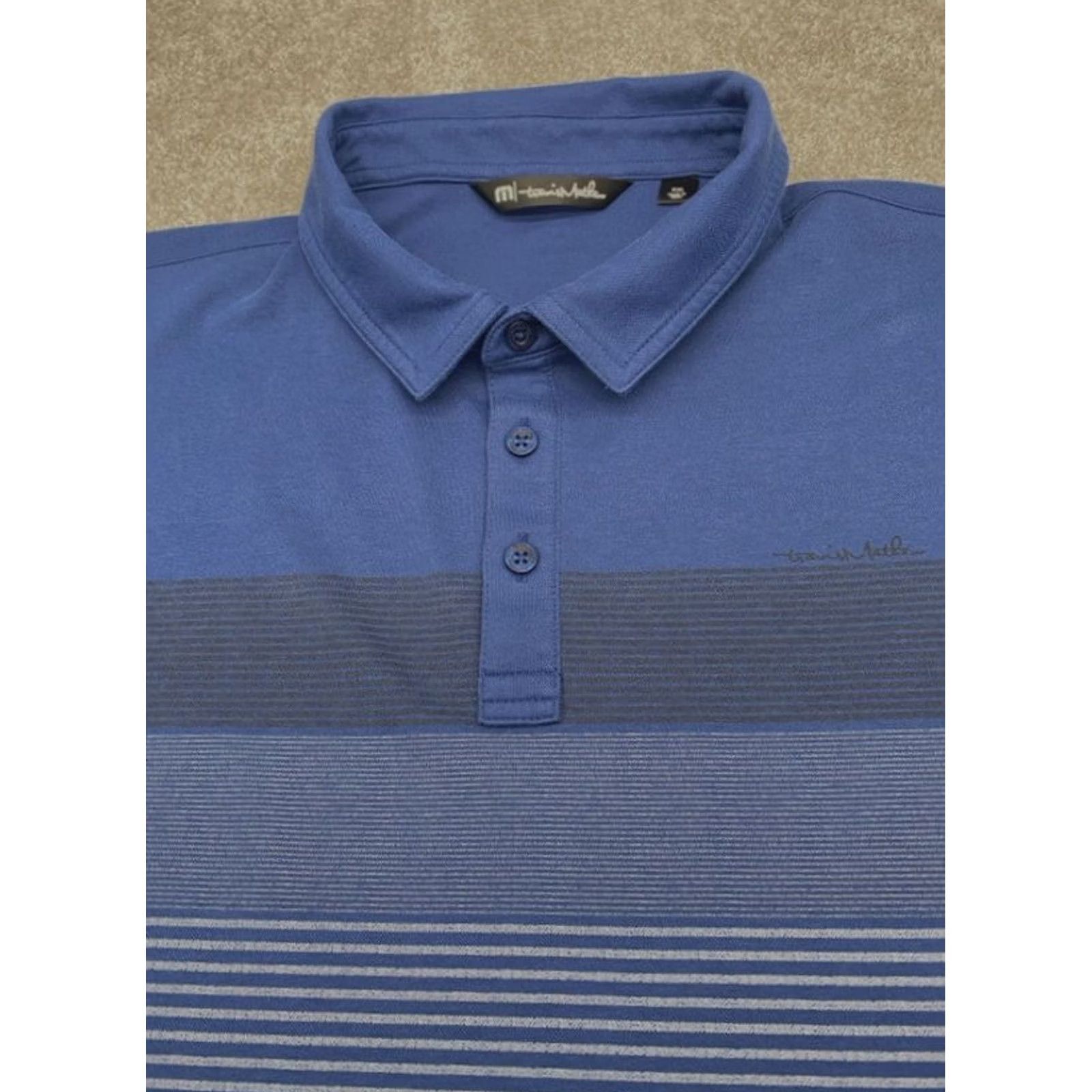 TravisMathew Travis Matthews Polo Shirt Men 2XL Blue Chest Stripe Golf Shirt Short Sleeve Cotton Polyester Knit Polo Men Size US XXL / EU 58 / 5 - 2 Thumbnail