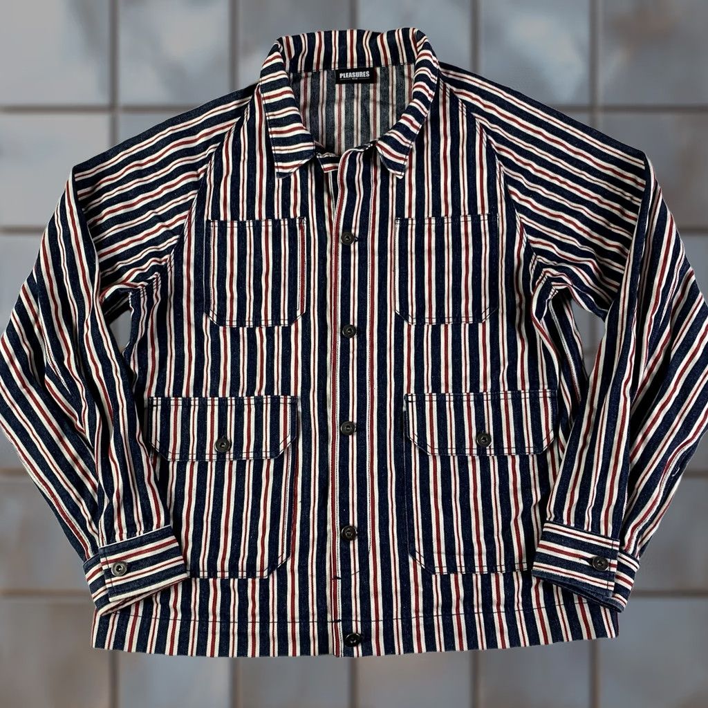 Pleasures Pleasures Now Striped Denim trucker Jacket Adult Large Blue red button up Size US L / EU 52-54 / 3 - 1 Thumbnail
