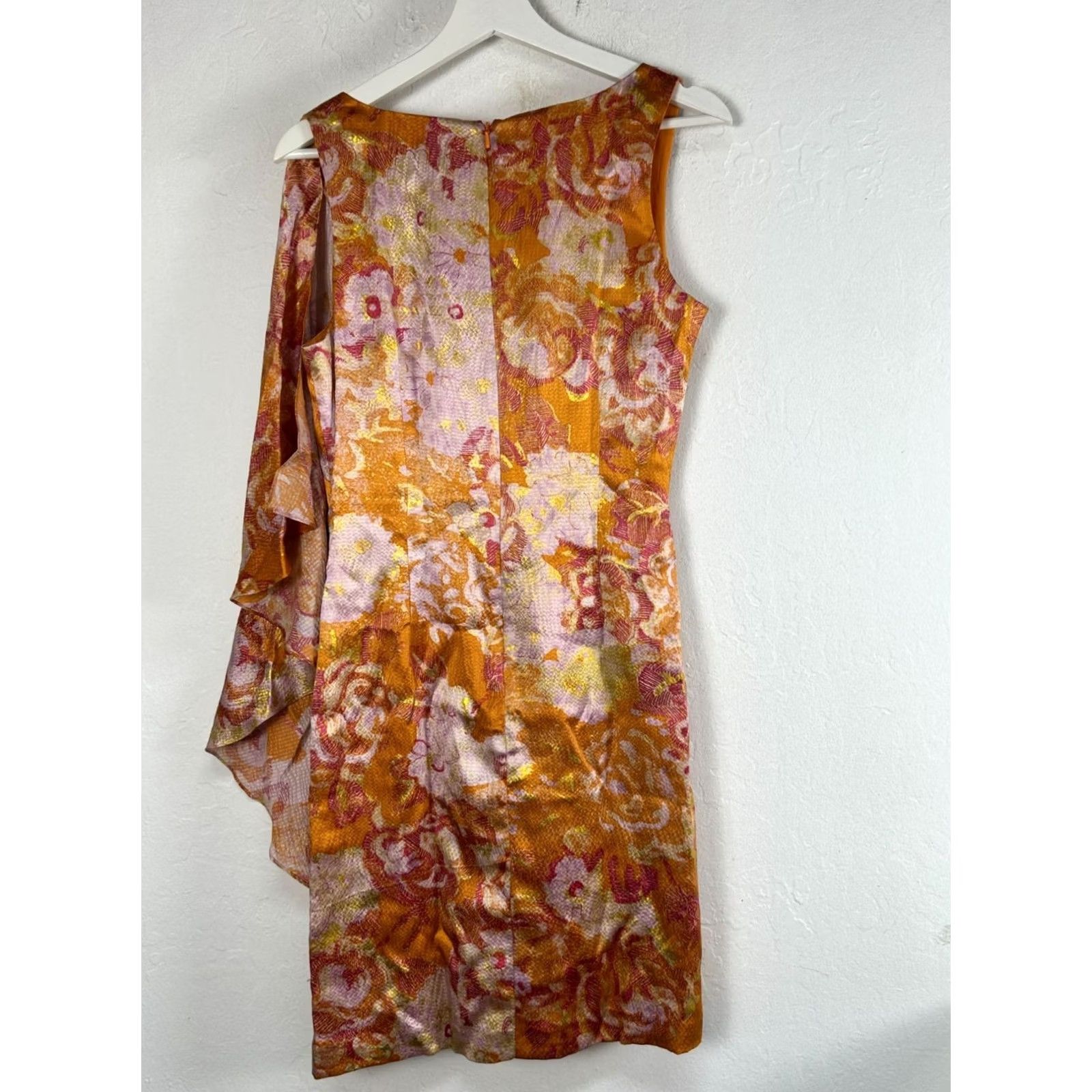 Badgley Mischka Badgley Mischka Floral Metallic Sleeveless Drape Silk Sheath Dress Size 4 Orange Size S / US 4 / IT 40 - 3 Thumbnail