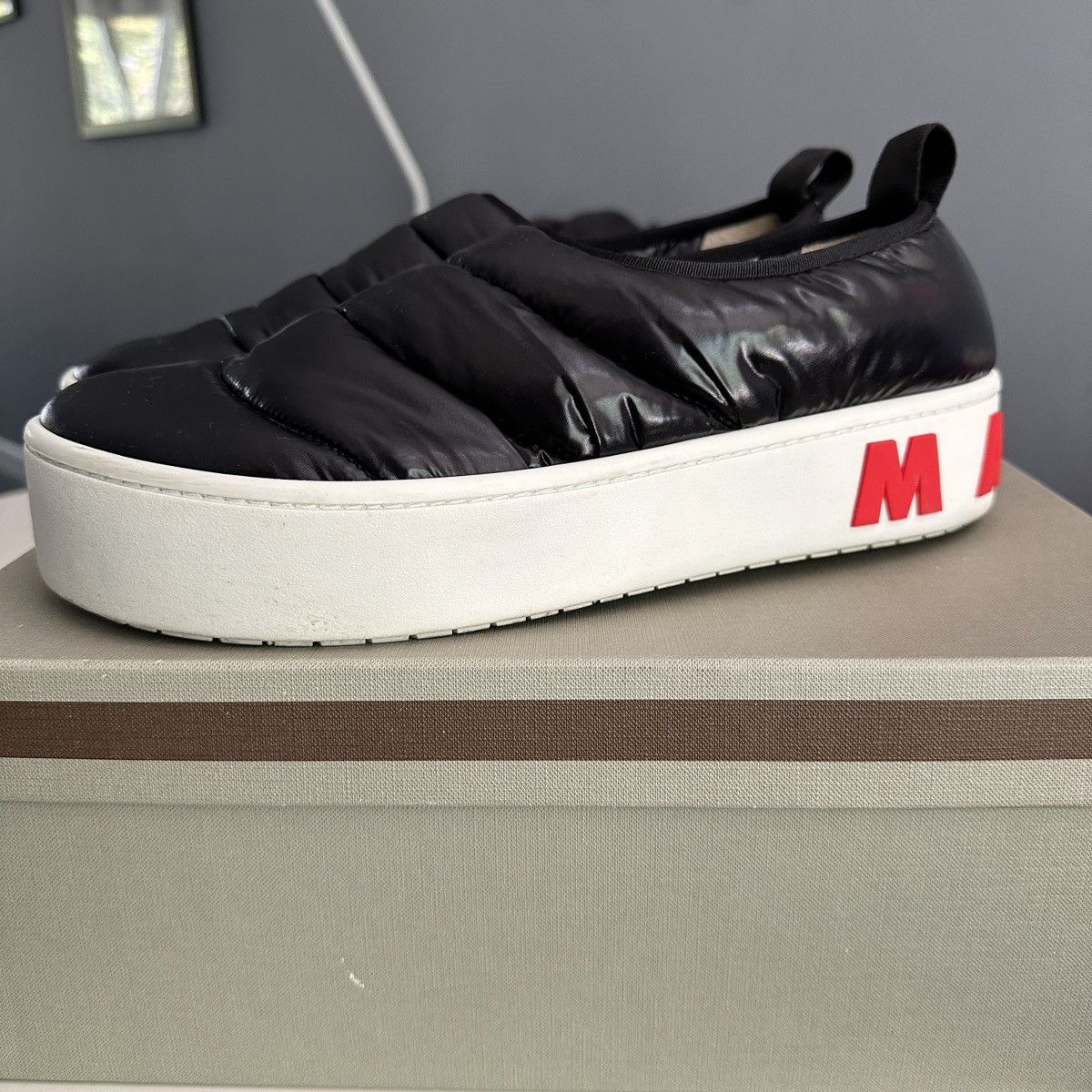 image of Marni Quilted Puffy Nylon Slip On Shoes in Black, Men's (Size 11)