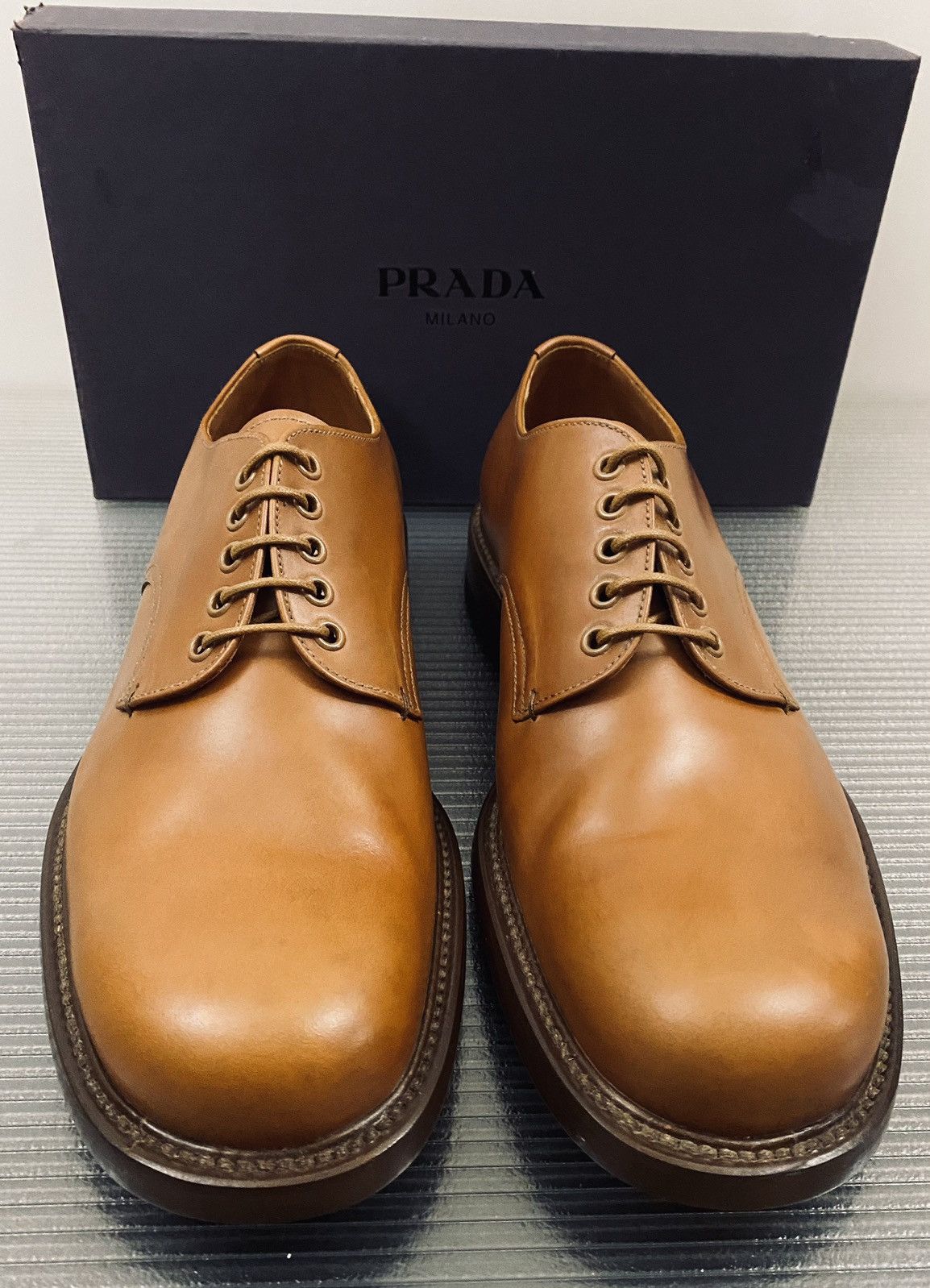 Prada Prada 🇮🇹 cognac cordovan leather triple sole derby 12 NEW Size US 12 / EU 45 - 1 Thumbnail