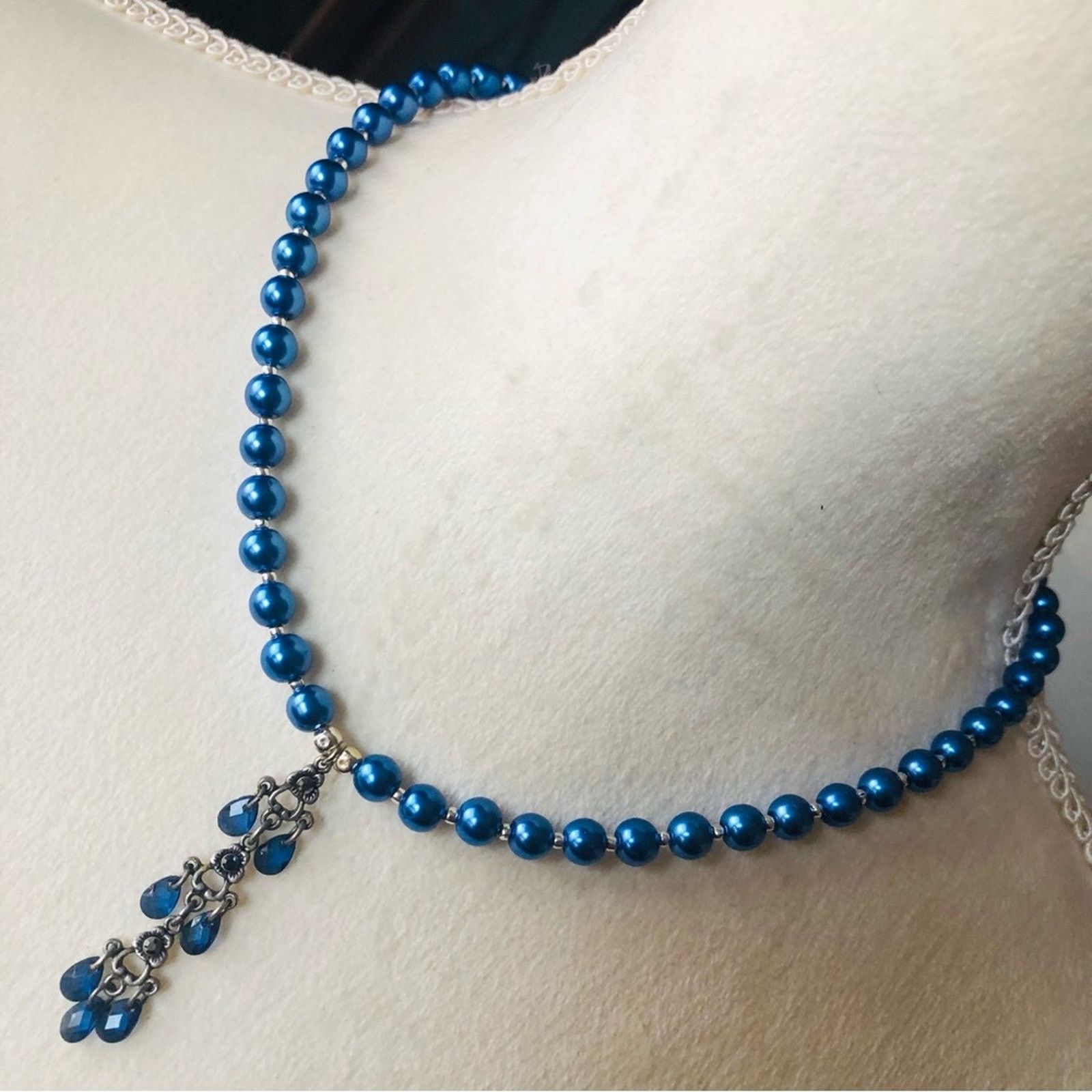 Handmade Handcrafted repurpose blue crystal chandelier Pearl necklace Size ONE SIZE - 1 Thumbnail