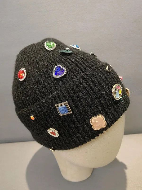 Other Black Beanie Hat with Colorful Gems and Badges Size ONE SIZE - 5 Thumbnail