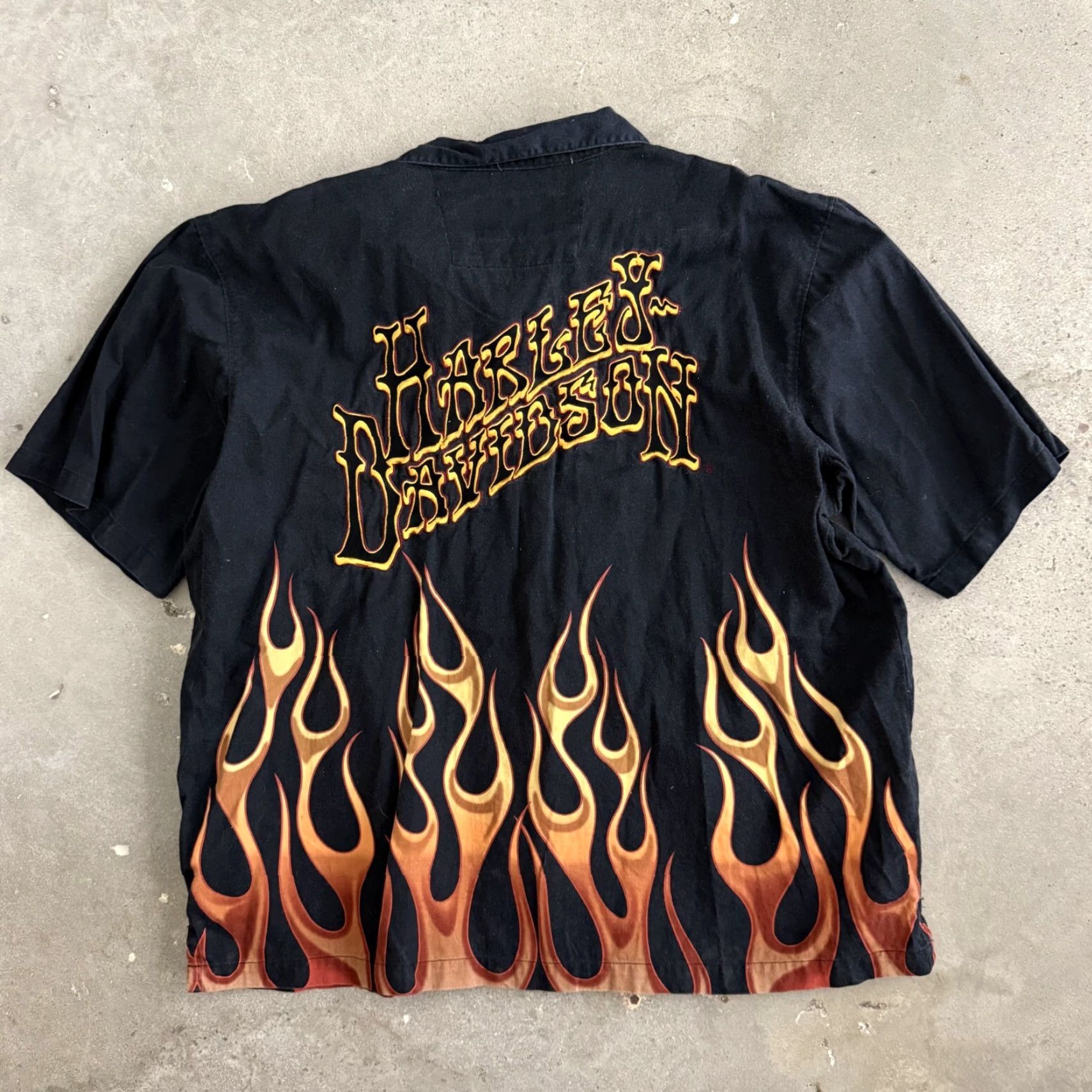 VINTAGE Harley-Davidson Button-Up Shirt Mens XL Black Flames Screamin Eagle NHRA Hot Rod Graphic Print Short Sleeve Collared Shirt Mens XL Black