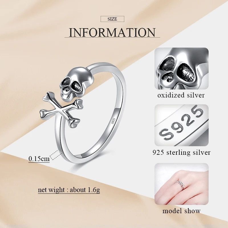 Jewelry 925 Sterling Silver Skull Ring Skeleton Size ONE SIZE - 6 Thumbnail