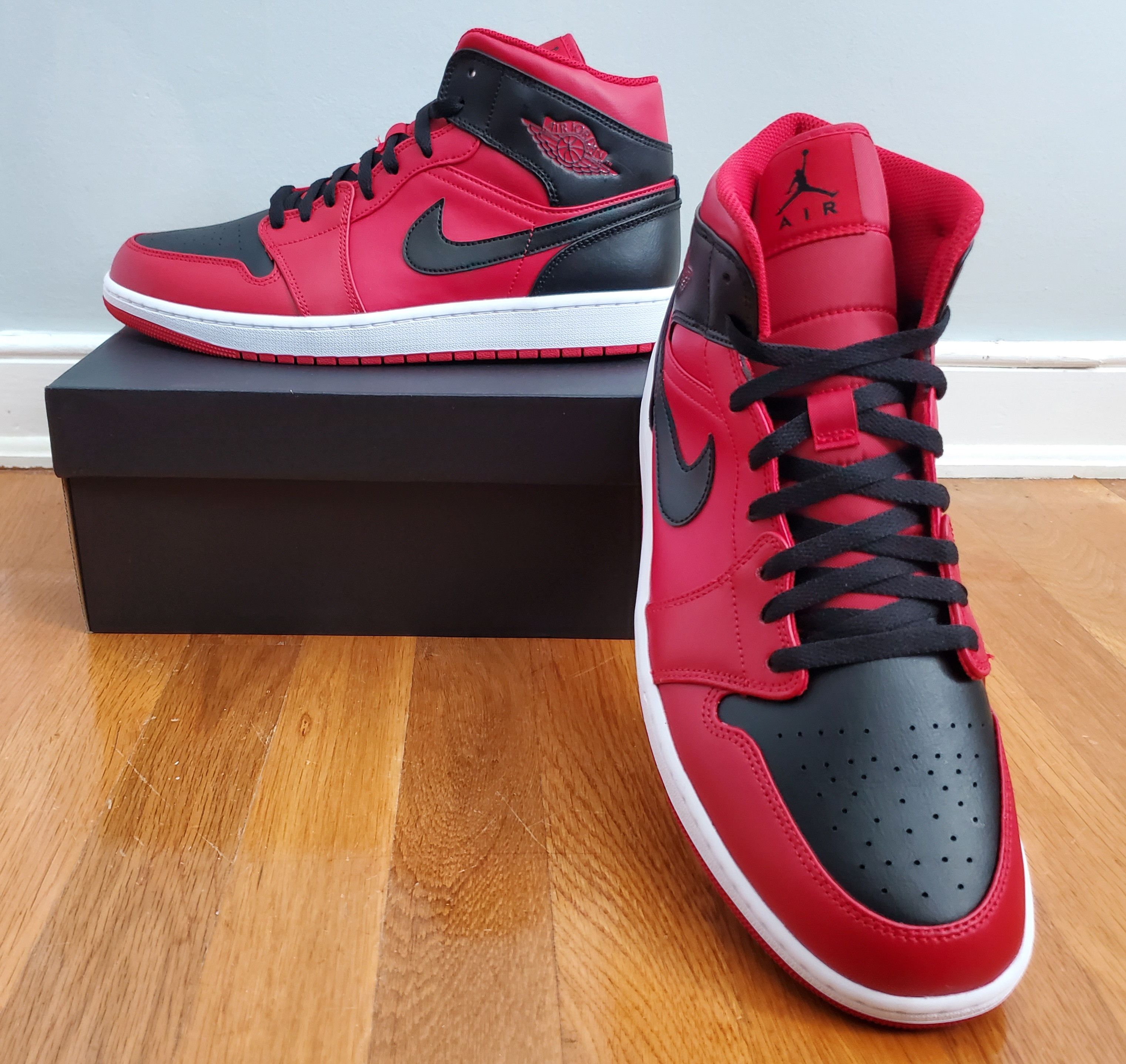 image of Nike Air Jordan 1 Mid 'reverse Bred' Red 554724-660 Shoes in Gym Red/Black, Men's (Size 12)