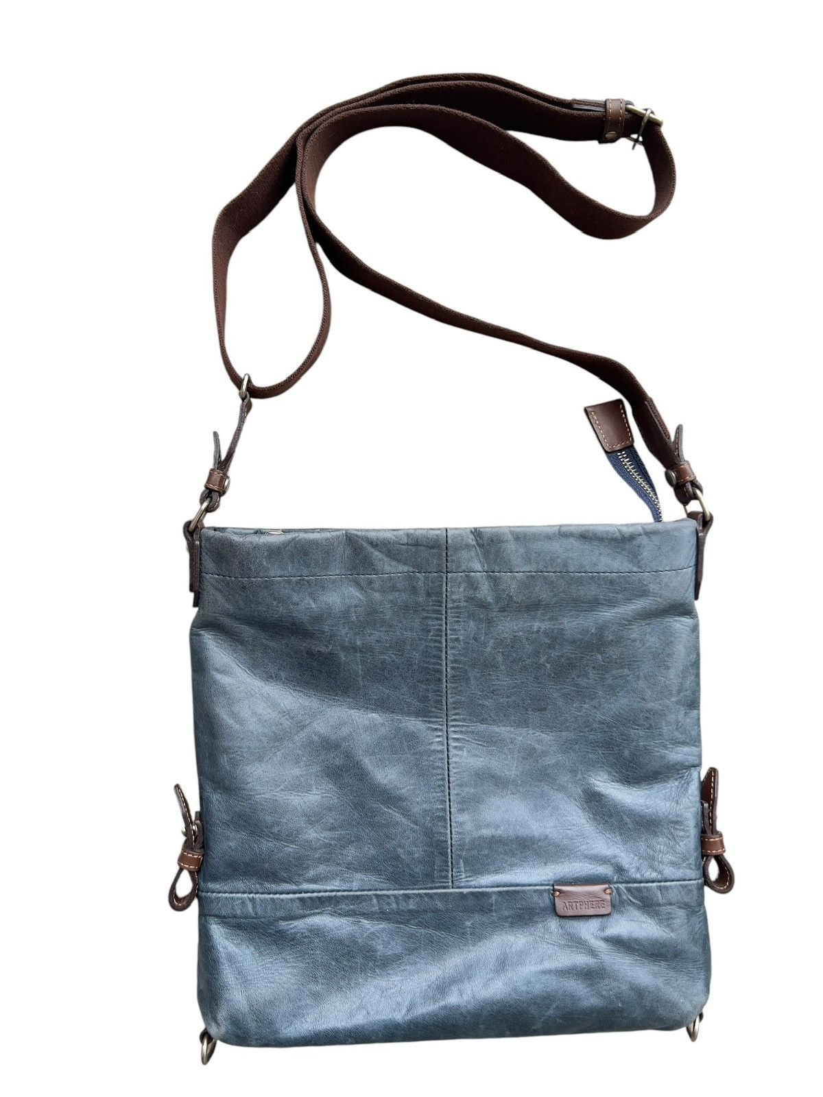 Japanese Brand Artphere Japan Distressed Faded Blue Leather Sling Bag Size ONE SIZE - 2 Thumbnail