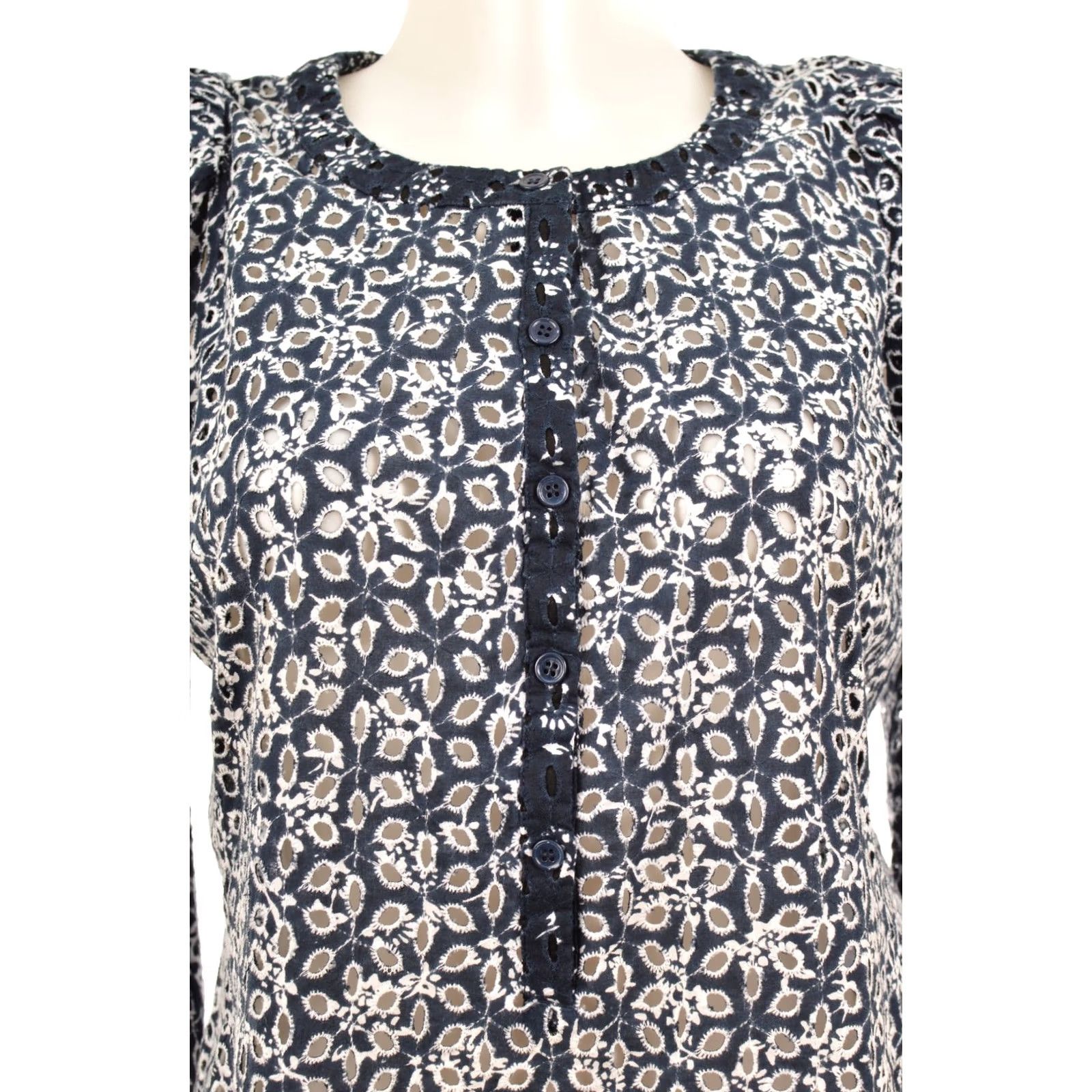 Maje Maje Blouse Top Shirt Women 2 Blue Cotton Eyelet Floral Embroidered Nuit E16LUIGY Nuit 100% Cotton Womens Size XS / US 0-2 / IT 36-38 - 2 Thumbnail