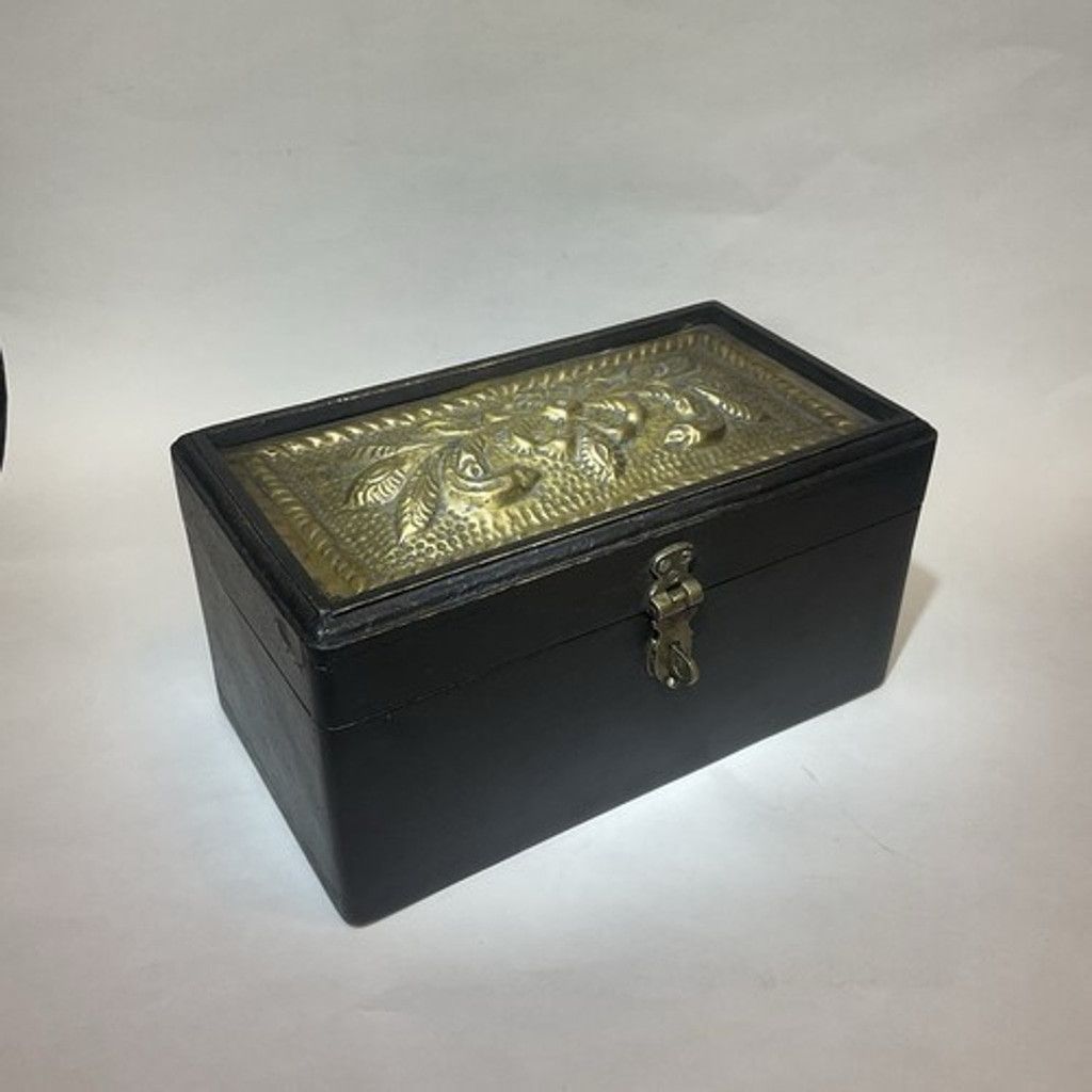Handmade VTG Dark Brown Wooden Box W/Metal Decorative Brass OrnateTop Size ONE SIZE - 16 Thumbnail