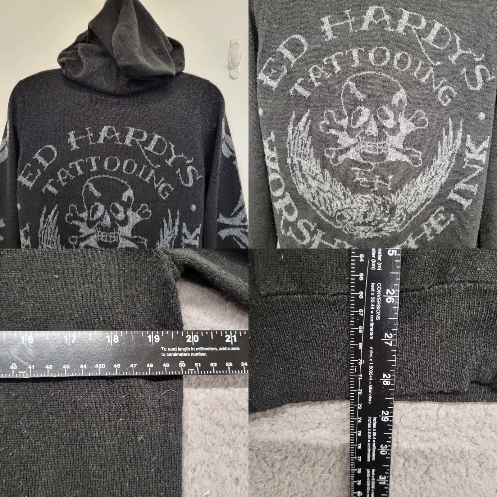 Ed Hardy Ed Hardy x Christian Audigier Men L Hoodie ZipUp Full Zip Graphic Print Skull Logo Black Knit 50% Cotton Blend Lambswool Alpaca Size US L / EU 52-54 / 3 - 8 Thumbnail