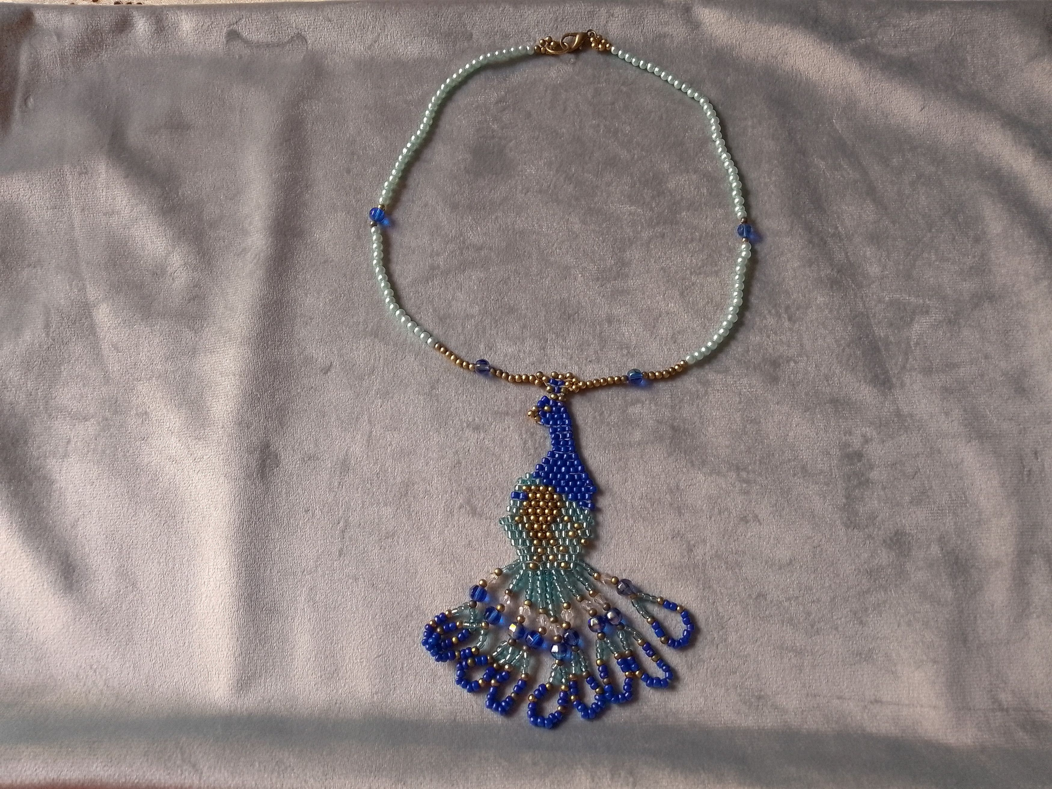Handmade Necklace Pearls Blue Turquoise Peacock Pendant Embroidered Size ONE SIZE - 1 Thumbnail