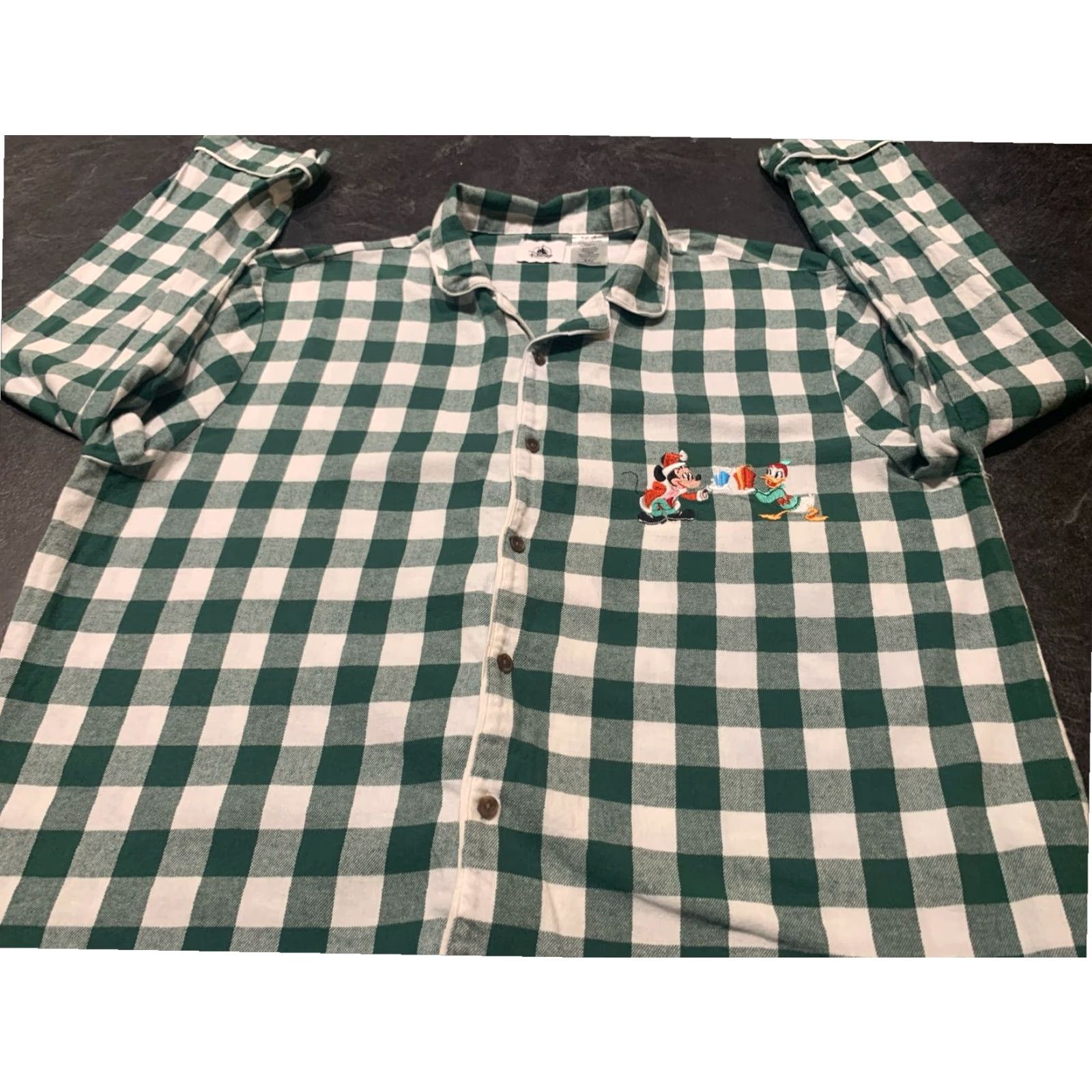 Disney Disney Mens XL Green Plaid Flannel Christmas Pajama Top Mickey Mouse Donald Duck Cartoon Character Size US XL / EU 56 / 4 - 2 Thumbnail