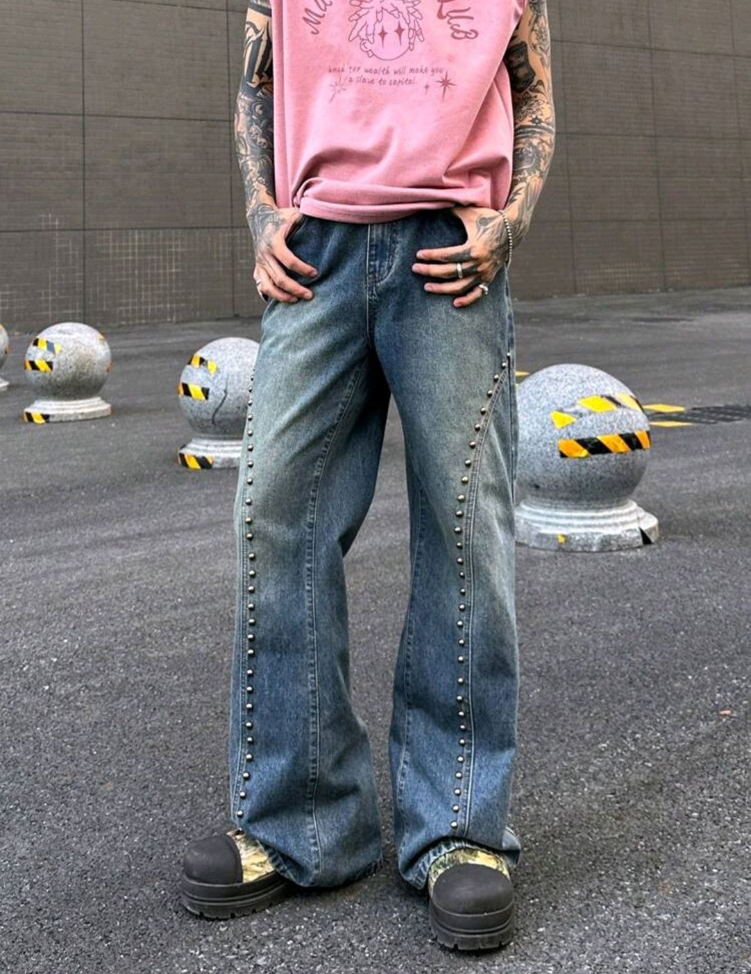 Jean Vintage Street Style Retro Washed Metal Stud Flared Jeans Size US 30 / EU 46 - 3 Thumbnail