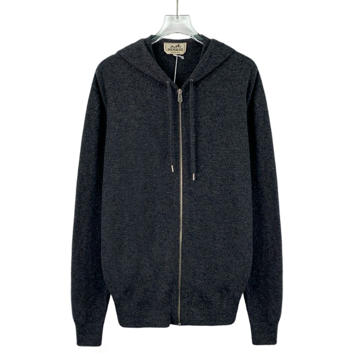 Hermes Deep Grey 100% Cashmere Hooded Zipper Cardigan W/ Lam