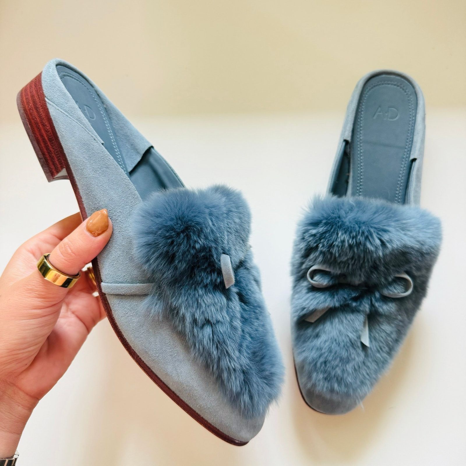 AD Blue Grey Rabbit Fur Flats Toe Bow Slides Mules Shoes 7.5
