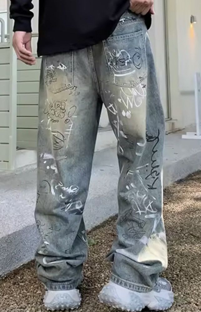 Jean Graffiti-Print Wide-Leg Denim Pants | Oversized Streetwear Size US 27 - 6 Thumbnail