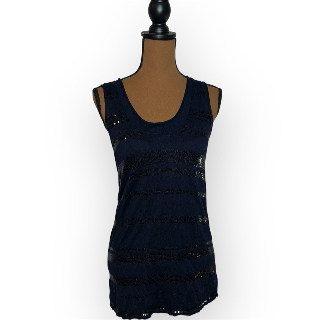 Banana Republic Banana Republic, Navy Blue Front Sequin Striped Long Tank, Women’s Small Size S / US 4 / IT 40 - 1 Thumbnail