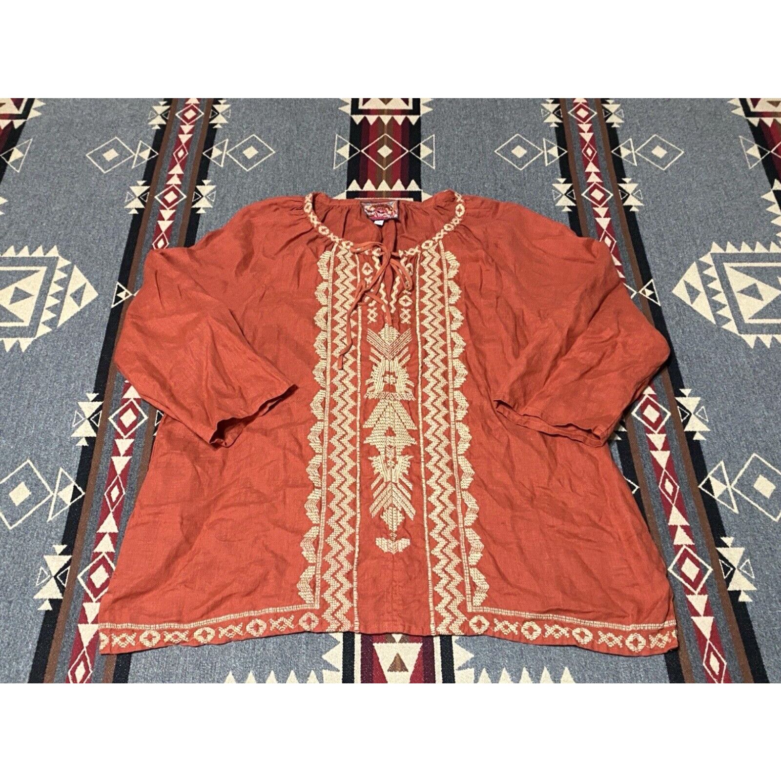 image of Johnny Was Womens Blouse Embroidered Orange Linen Size L Lightweight Tunic Top T62 in White