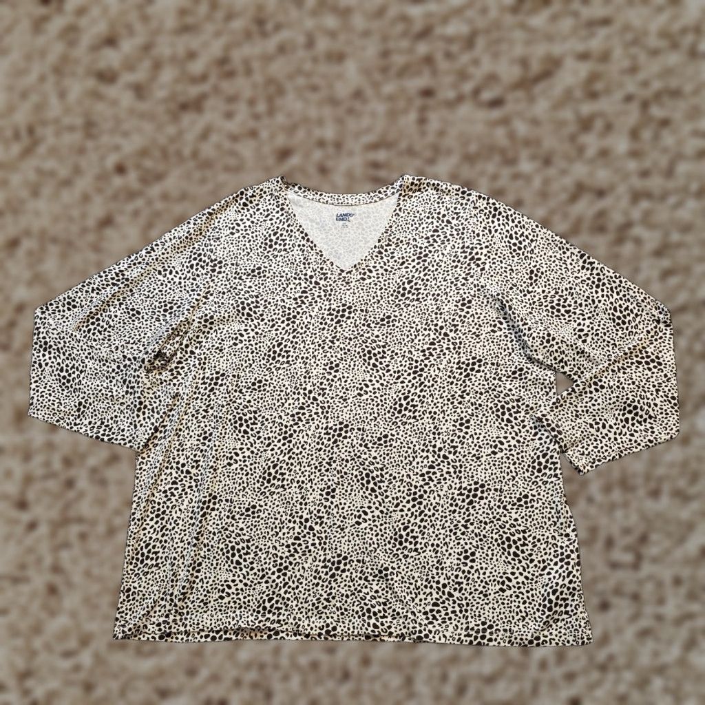 Lands' End Lands' End Top Womens 2X Tan Leopard V Neck Long Sleeve Stretch Casual Basic Shirt Womens Mens? Size XXL / US 16-18 / IT 52-54 - 1 Thumbnail