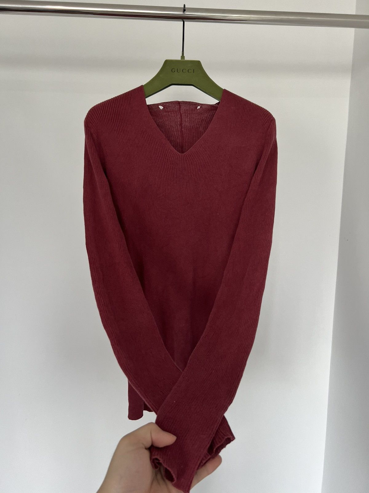 image of Vintage Trashed Ribbed Sweater Long Sleeve in Red, Men's (Size XS)