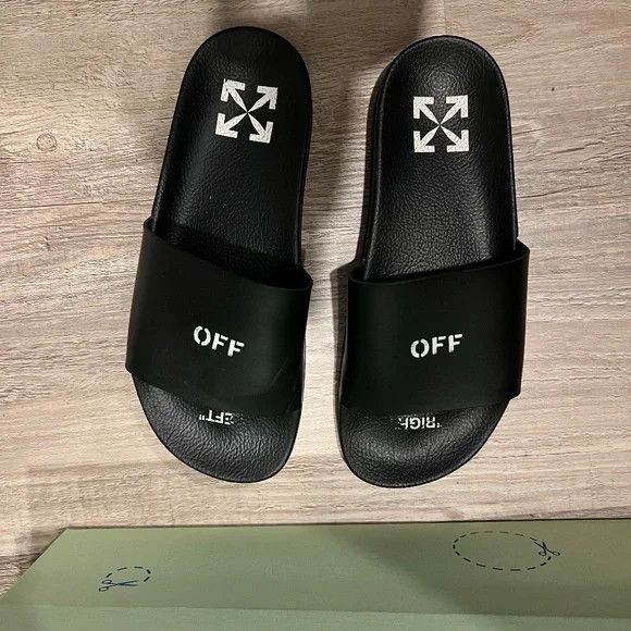 image of Off White Black Logo Pool Slides, Women's (Size 7)