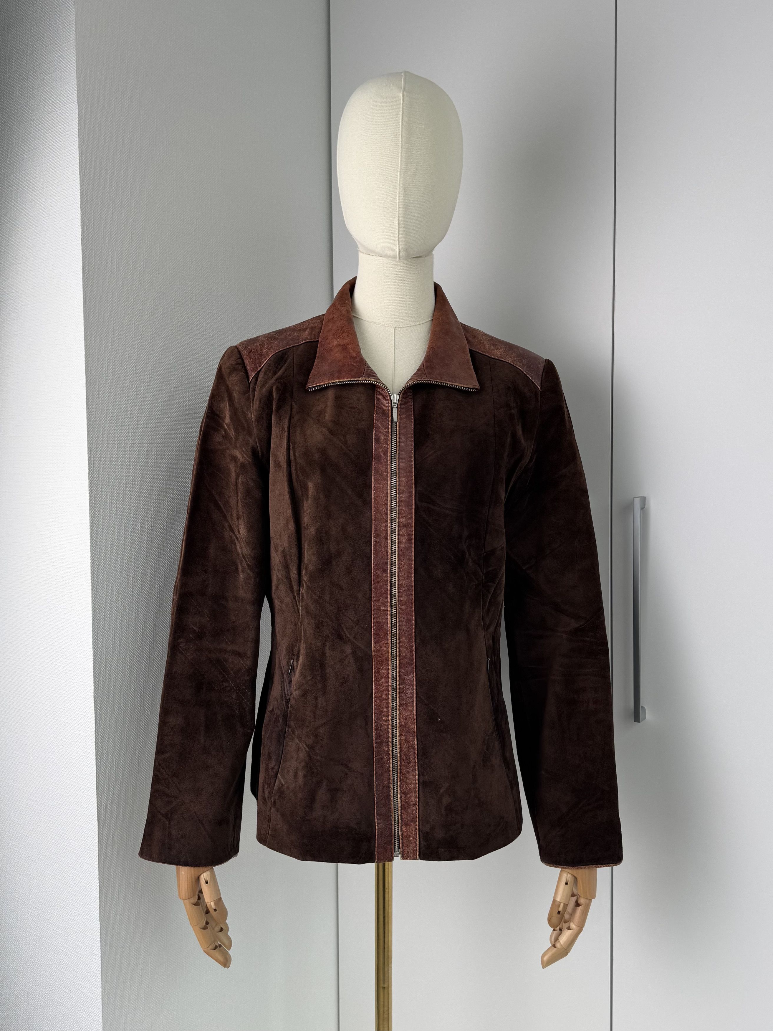 Vintage Women Brown Leather Jacket Y2K Vintage Zip Up Fitted Size L / US 10 / IT 46 - 1 Thumbnail