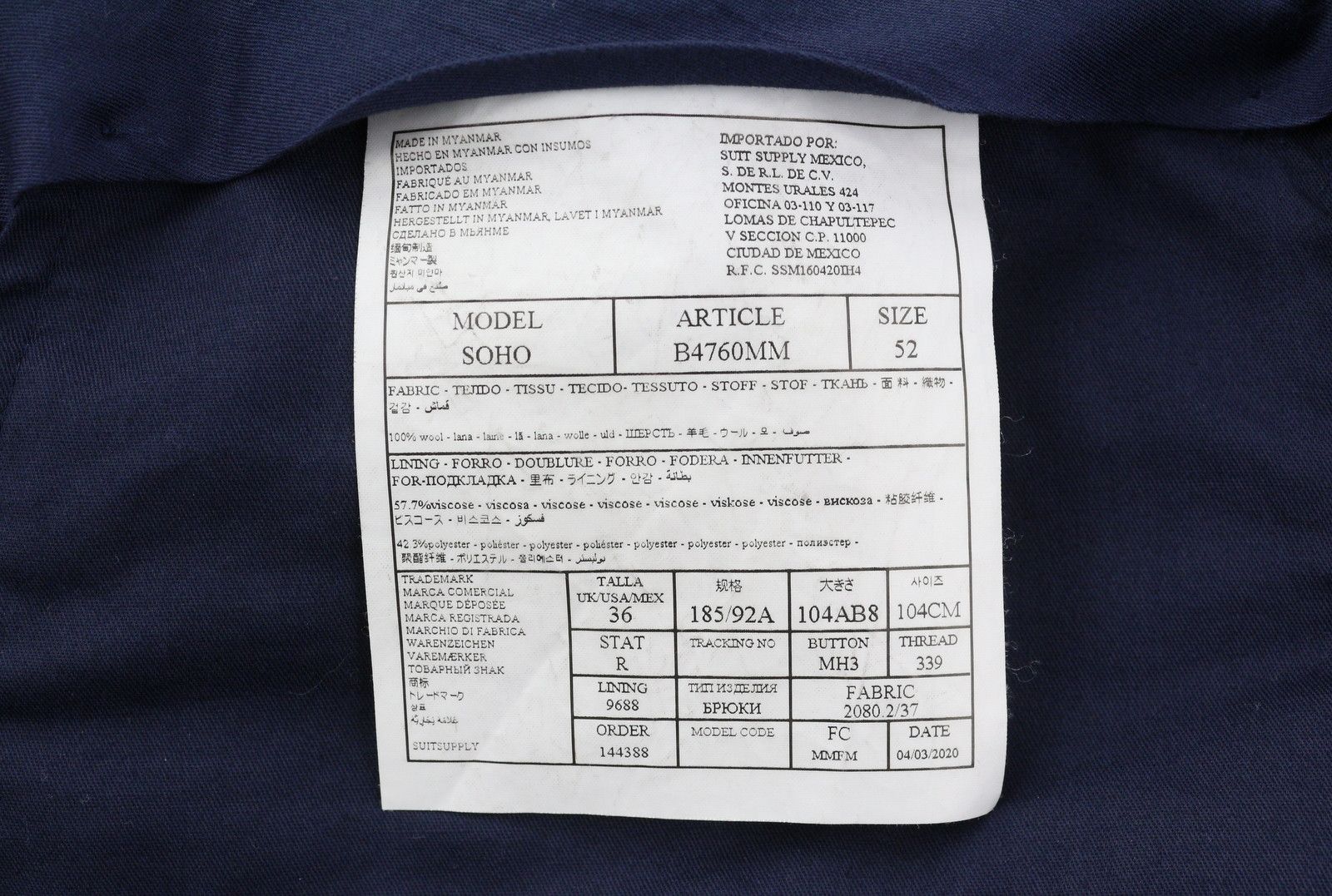 Suitsupply LA SPALLA SOHO UK44R / W36 Blue Wool Suit 88187 Size 44R - 11 Thumbnail