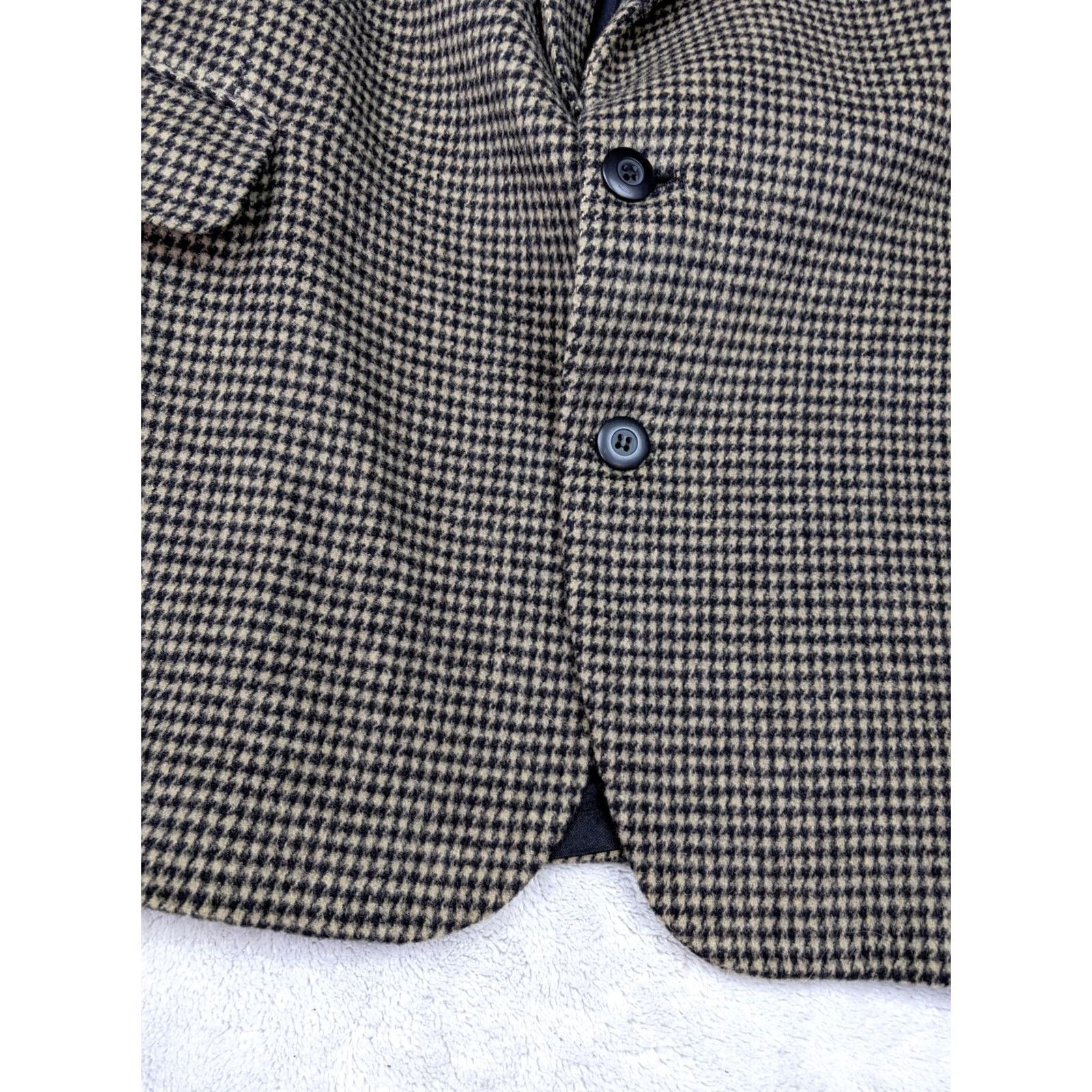 Vintage Robert Stock Mens 46R Beige Houndstooth Tweed Coat Blazer Jacket 2 Button Blazer Notch Lapel Wool Woolen Single-Breasted Big & Tall Adult Mens Size 46R - 3 Thumbnail