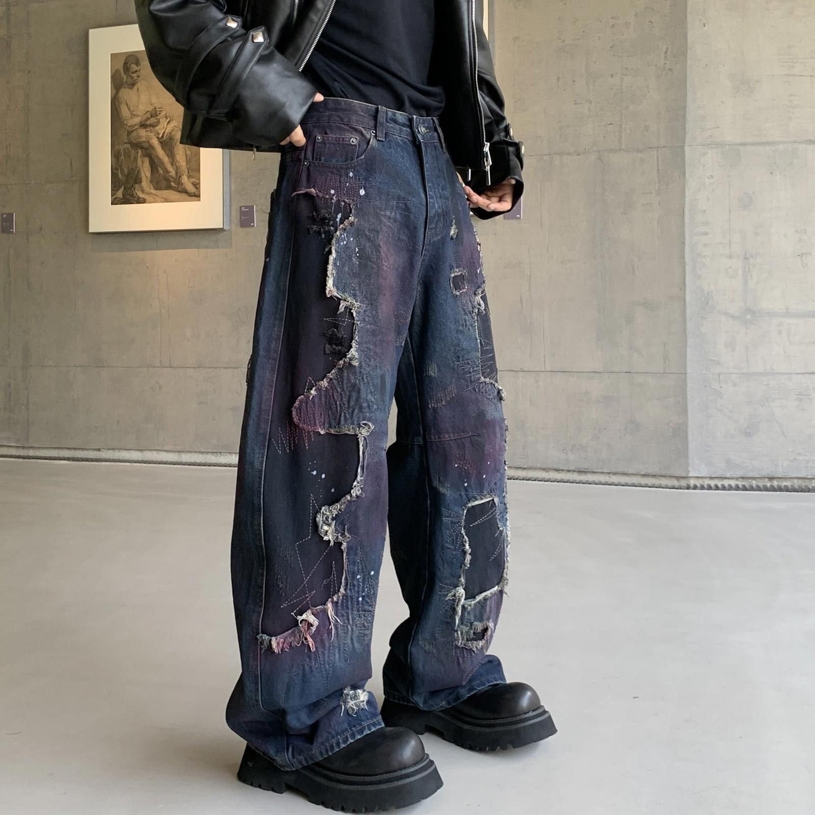 Japanese Brand Distressed Baggy Denim Jeans with Artistic Paint Splatter Size US 30 / EU 46 - 3 Thumbnail