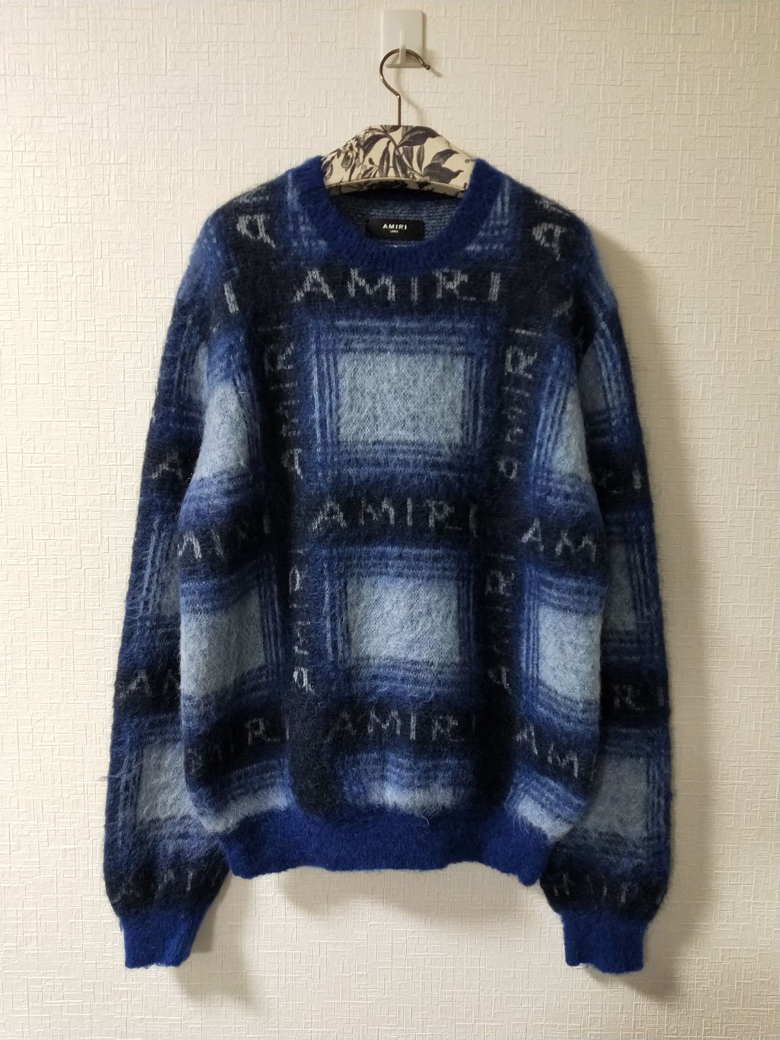 image of Amiri Brushed Mohair Plaid Sweater in Blue, Men's (Size Large)