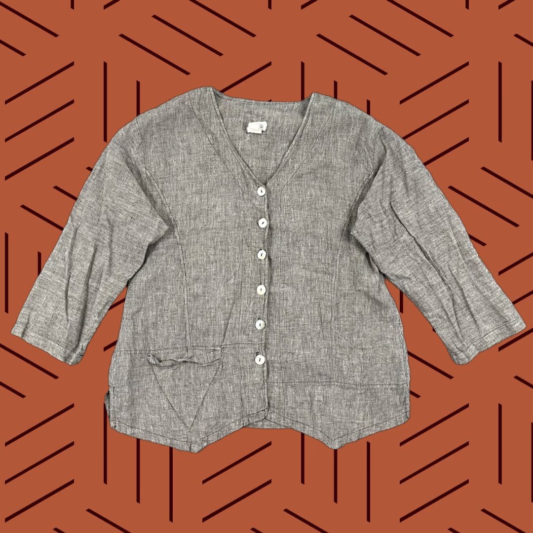 Vintage Mosaic Button Up Shirt Womens Large Gray Linen Lagenlook Asymmetric MOP Button Size L / US 10 / IT 46 - 1 Thumbnail